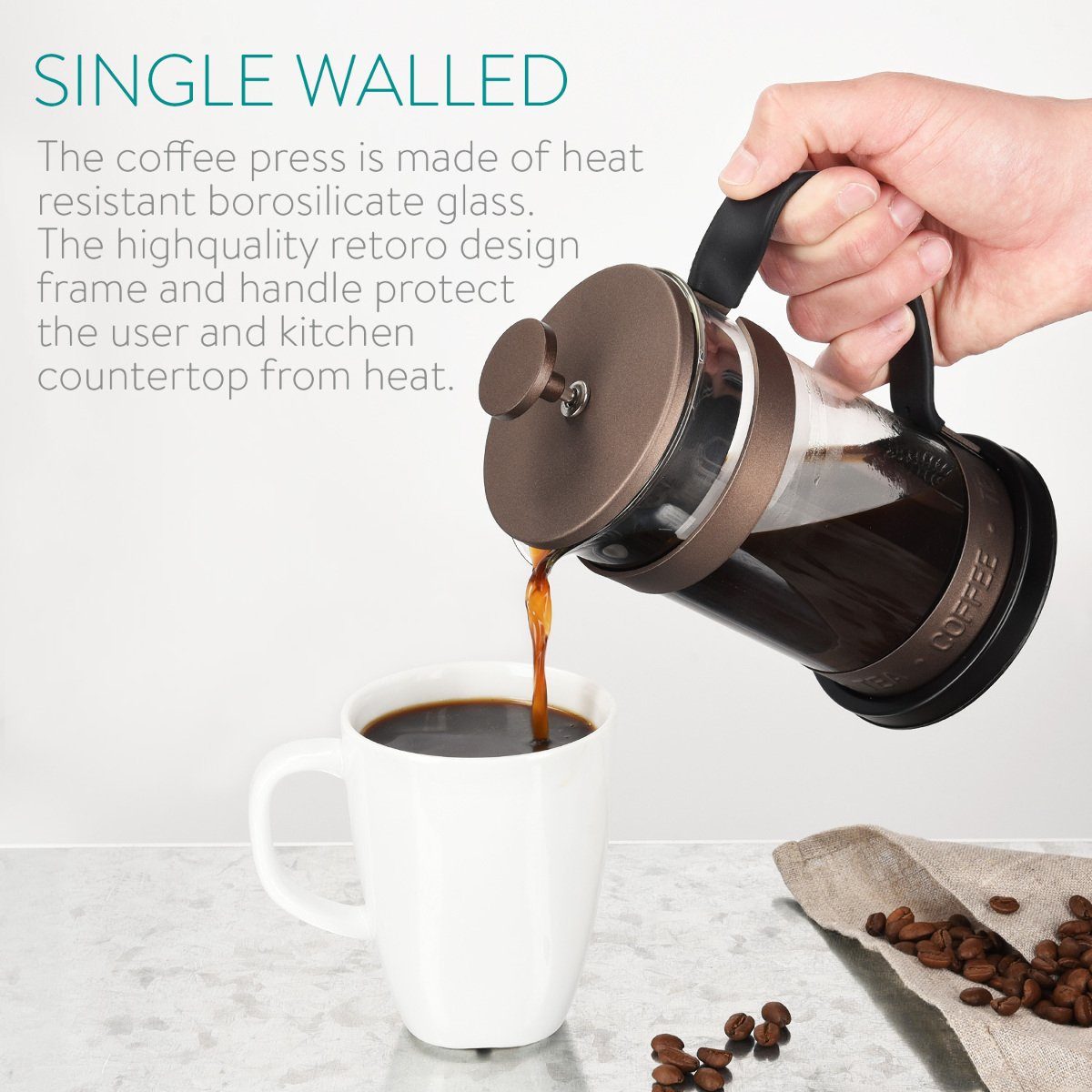 Navaris French Press Kanne Stempelkanne mit Edelstahl Filter, 350 ml, auch für Tee