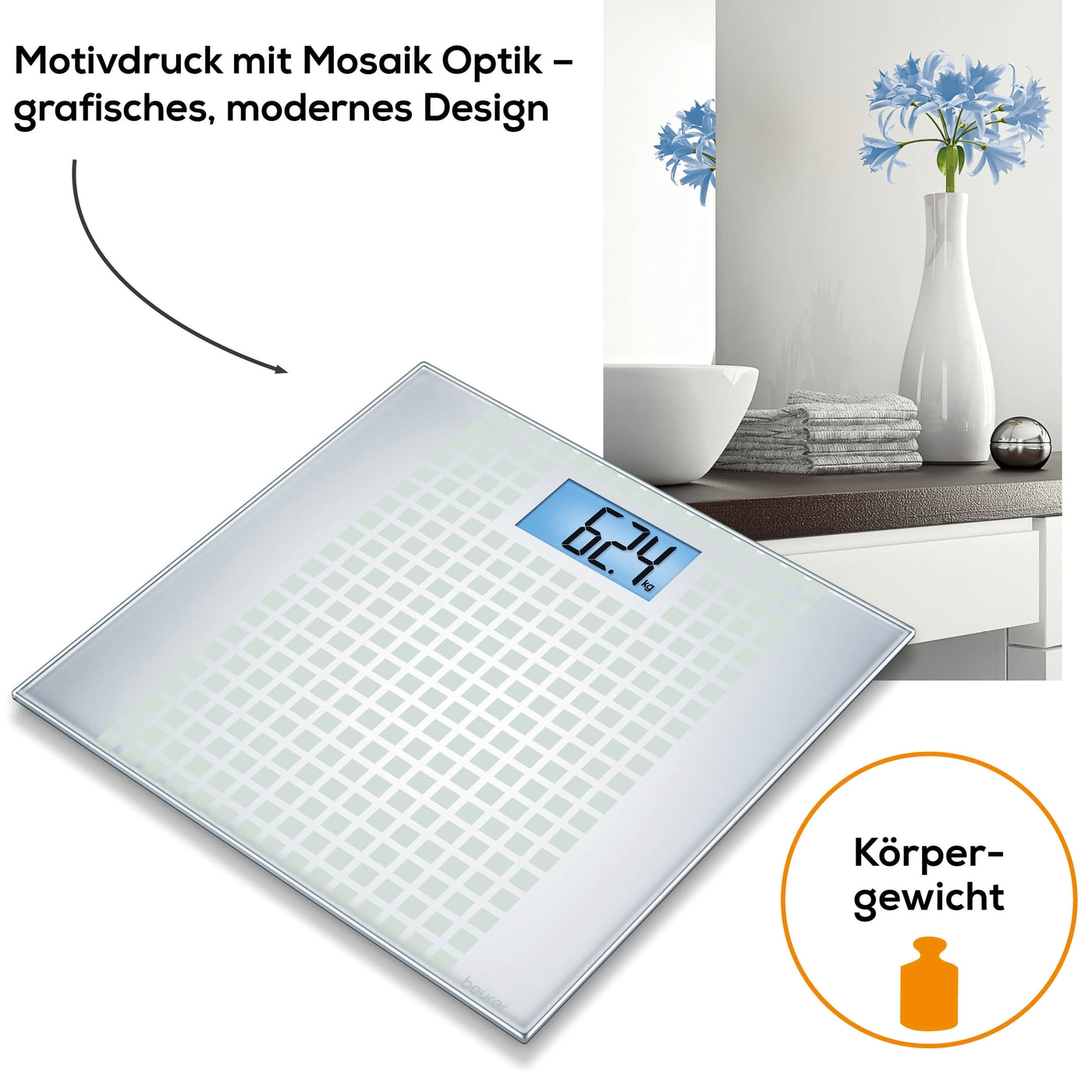 Beurer Glaswaage - GS 206 Squares-Personenwaage aus Glas mit beleuchtetem XL-Display - bis 150 kg