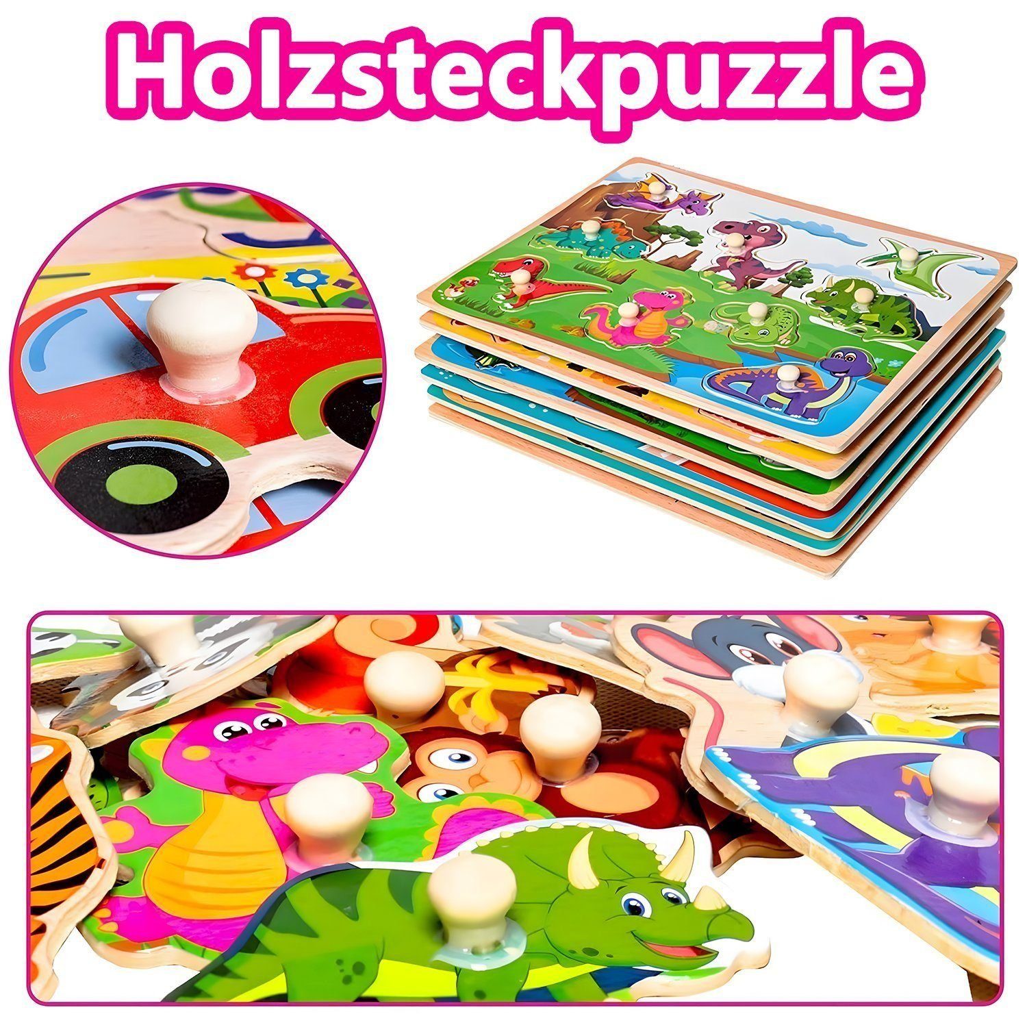 LBLA Lernspielzeug Dino, Fahrzeug, Bauernhof, Zoo, Meer, Obst Holzpuzzle (6er Set), Puzzlespiel, Steckpuzzle, Holzspielzeug für Kinder, Weihnachtsgeschenk