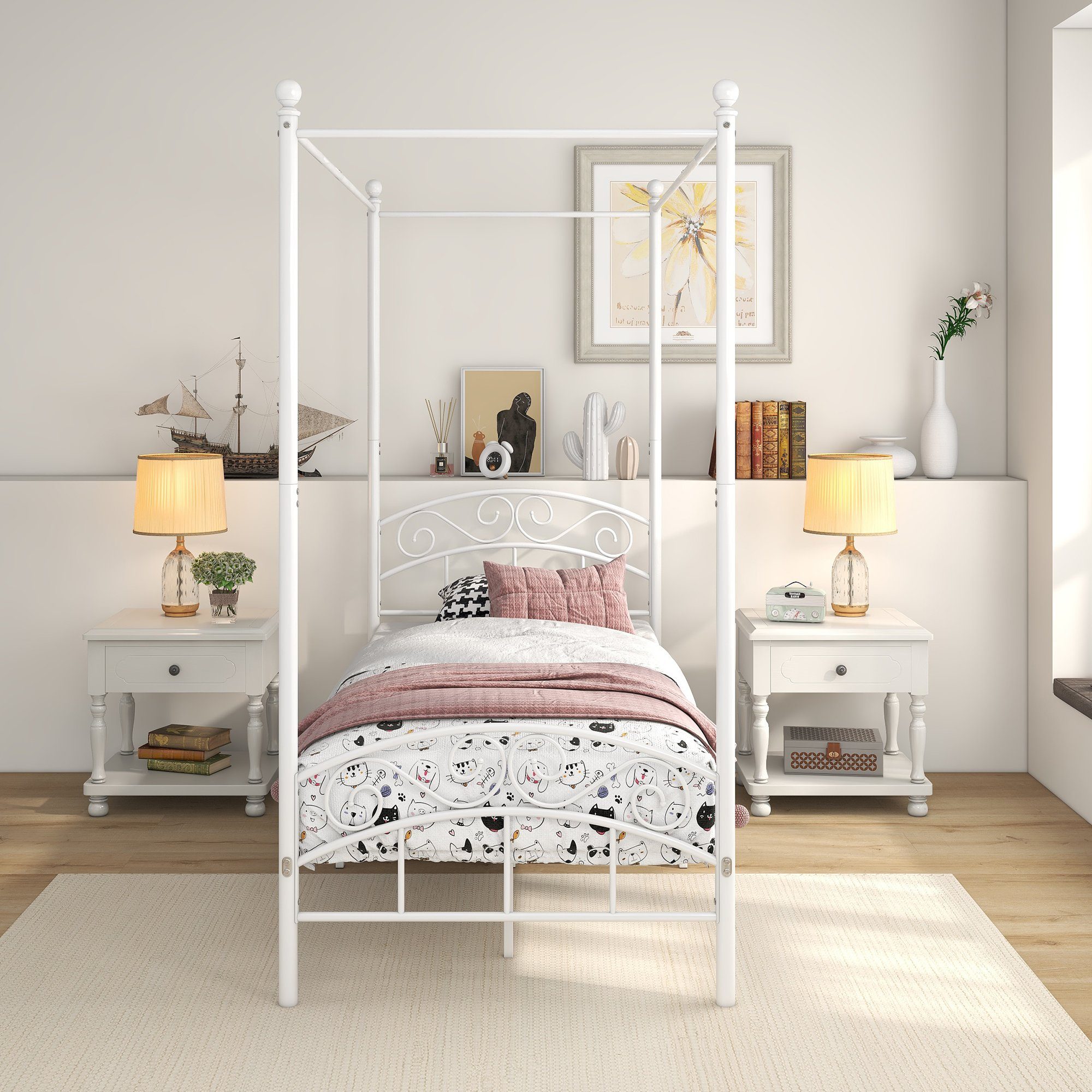Gotagee Himmelbett Himmelbett-Gestell Metall Himmelbett Eisenbett Metallbett Weiß 90x200