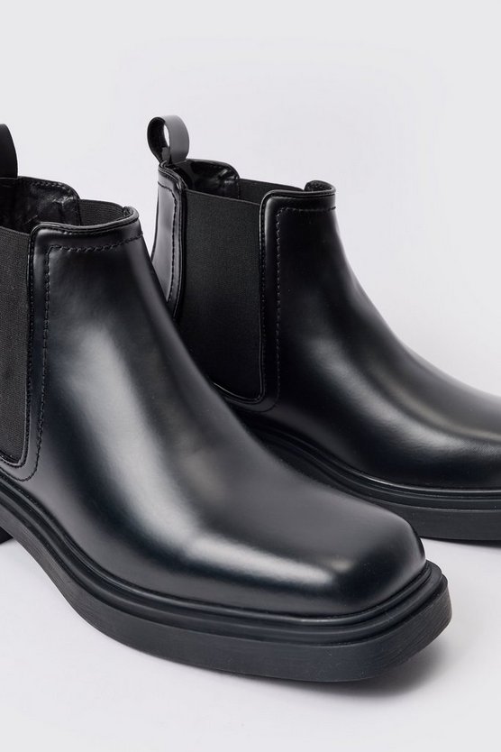 Schwarz eckige PU Chelsea-Stiefel