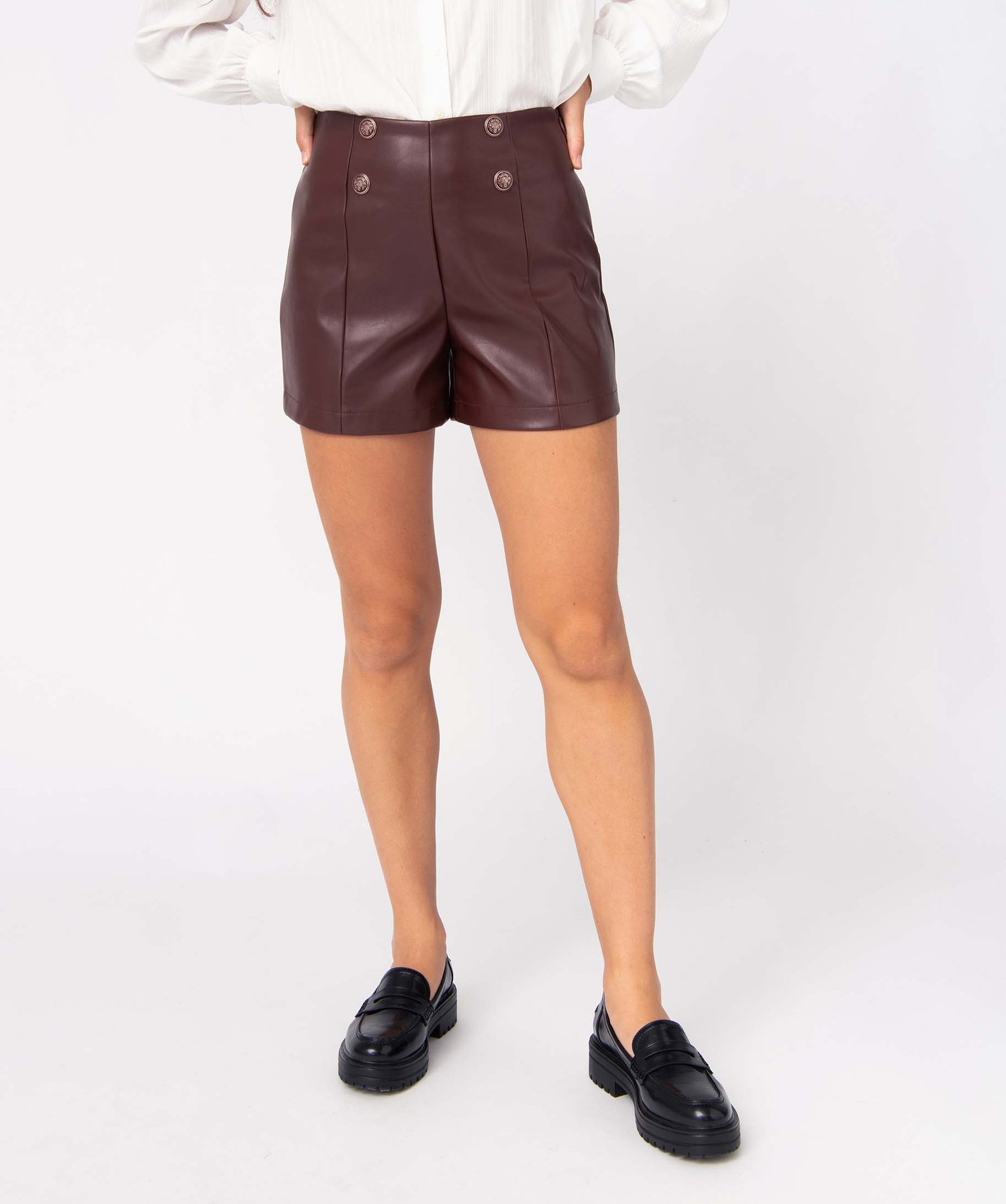 Short femme ample en matière synthétique imitation cuir marron | GEMO