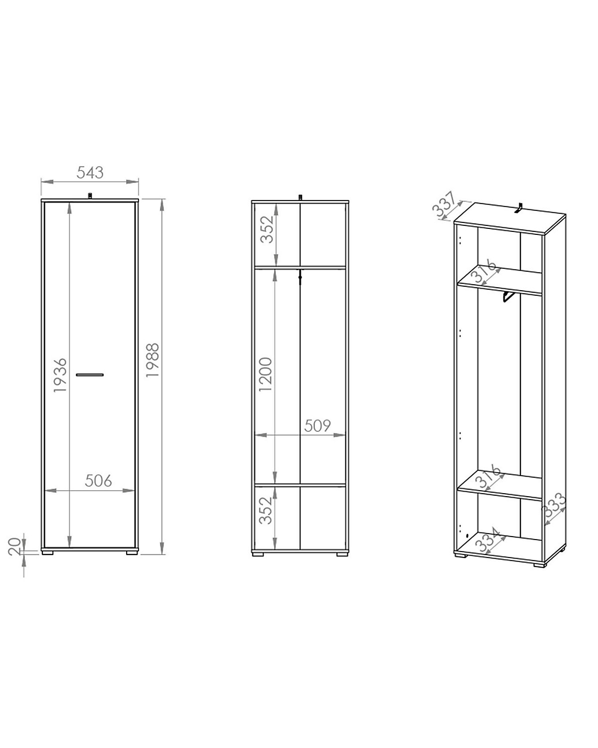Garderobenschrank Caro Dielenschrank 55x34x199 cm 1-türig