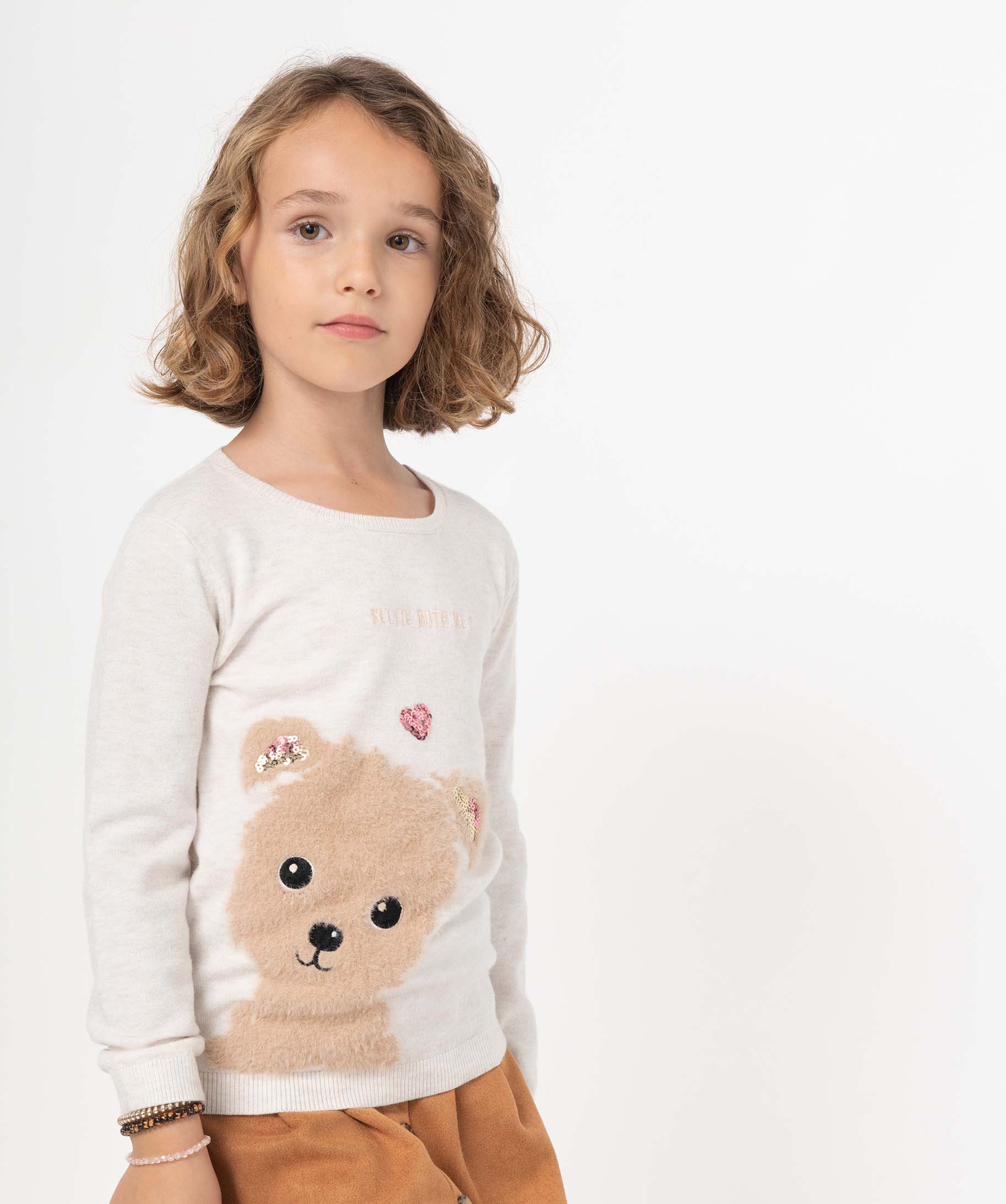 Pull fille avec motif animalier brodé ecru | GEMO