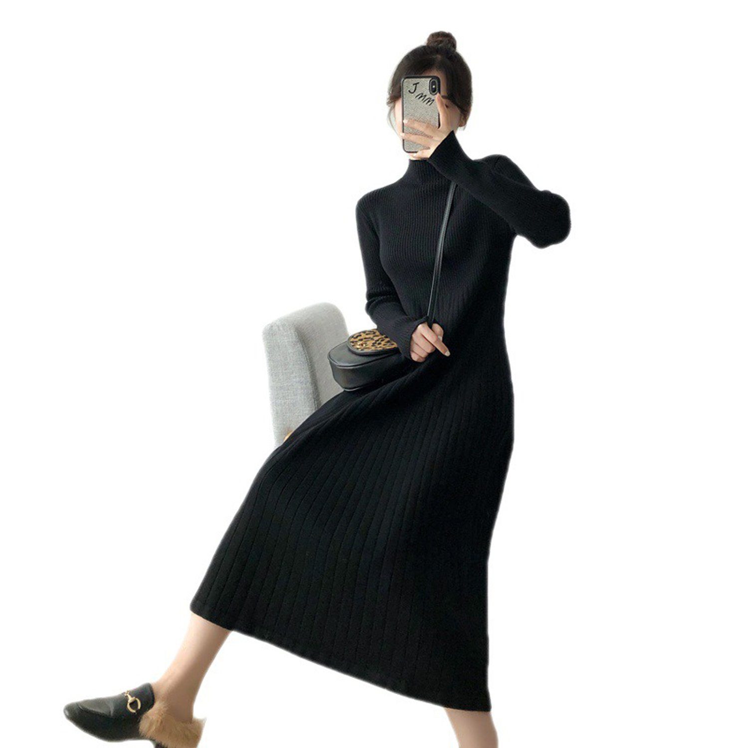 aikidio Stillkleid Strickkleid in A-Linie mit halbem Rollkragen