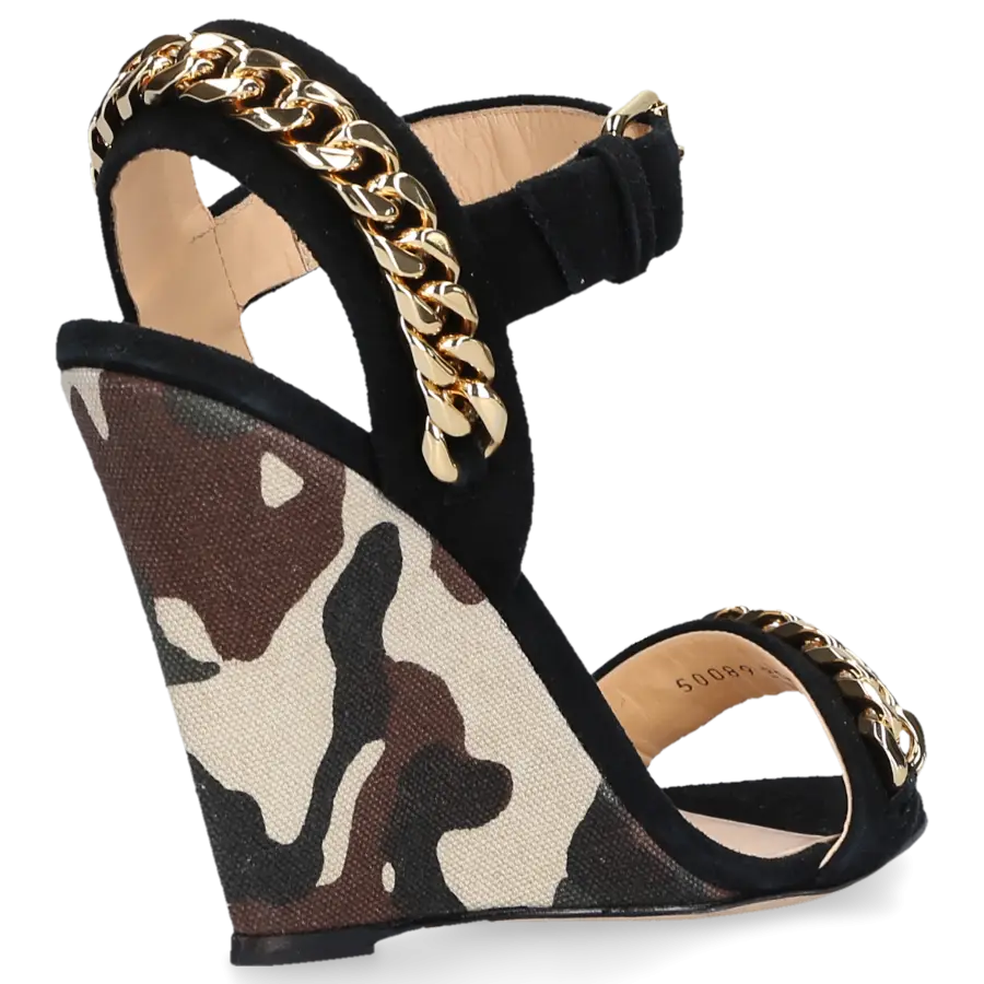 Giuseppe Zanotti - Keilsandalen Coline Knöchelriemchen Veloursleder schwarz Canvas Camouflage - schwarz