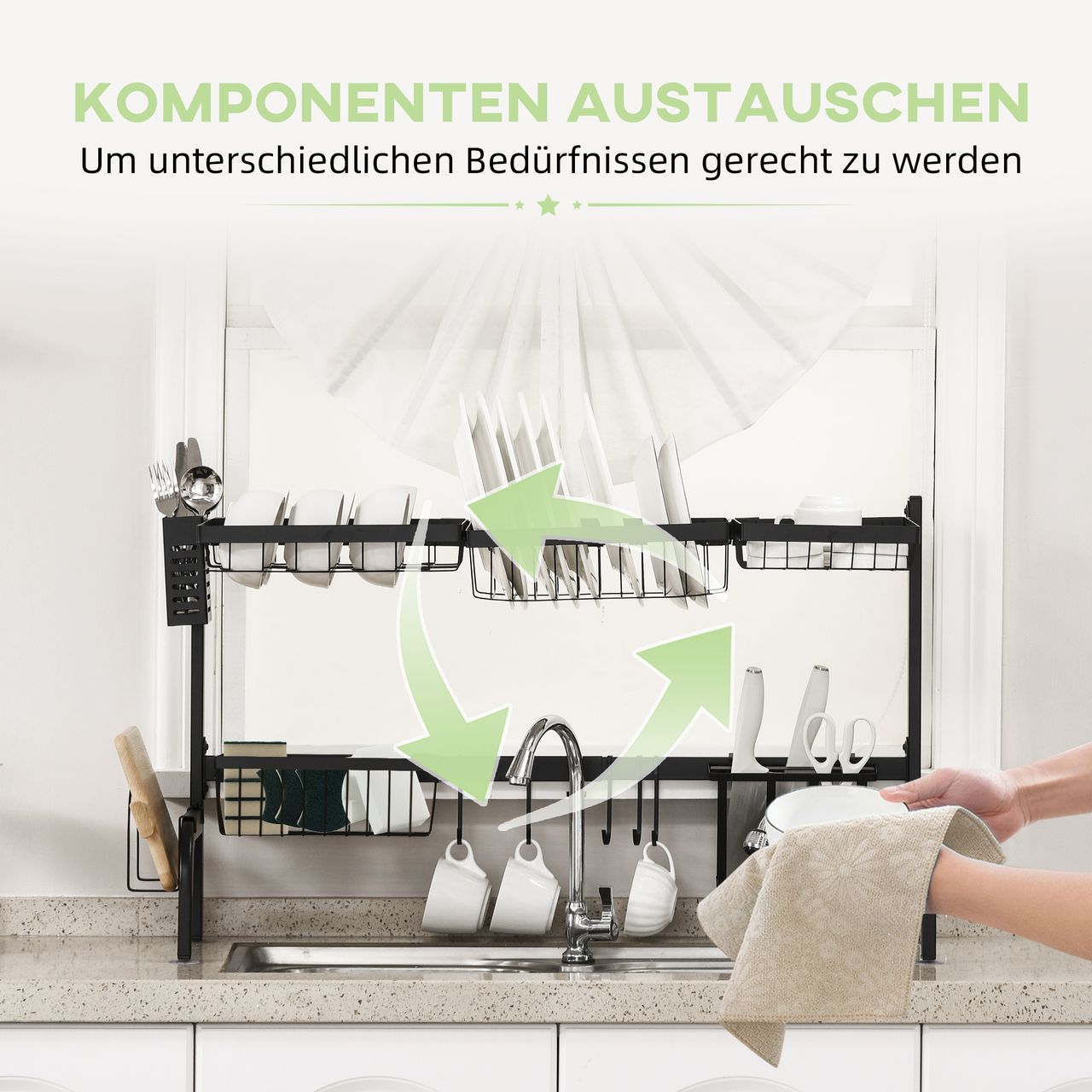 HOMCOM Abtropfgestell Geschirr 2-stufiges Abtropfgitter 51-93 cm Abtropfständer