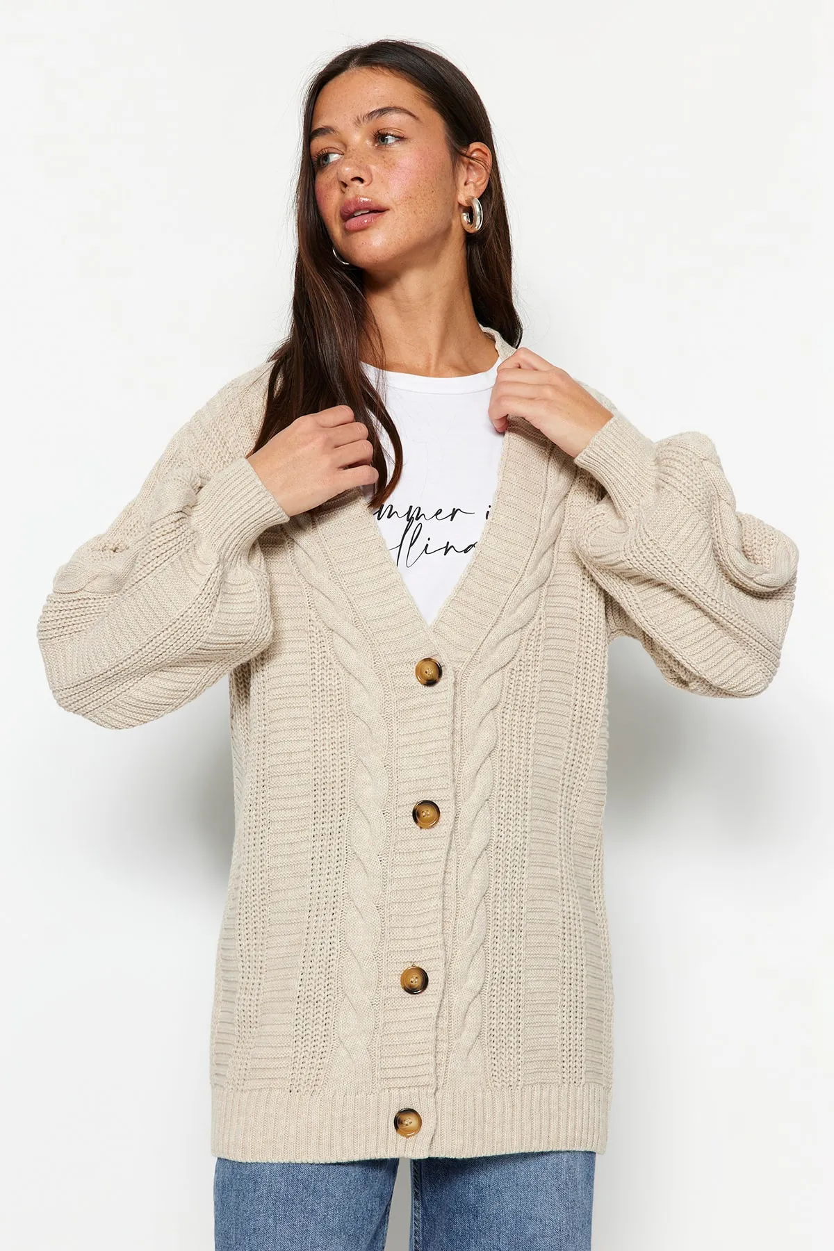 Trendyol Modest  Stone Hair Geflochtene Strickjacke mit lockerem Schnitt TCTAW22TH0002