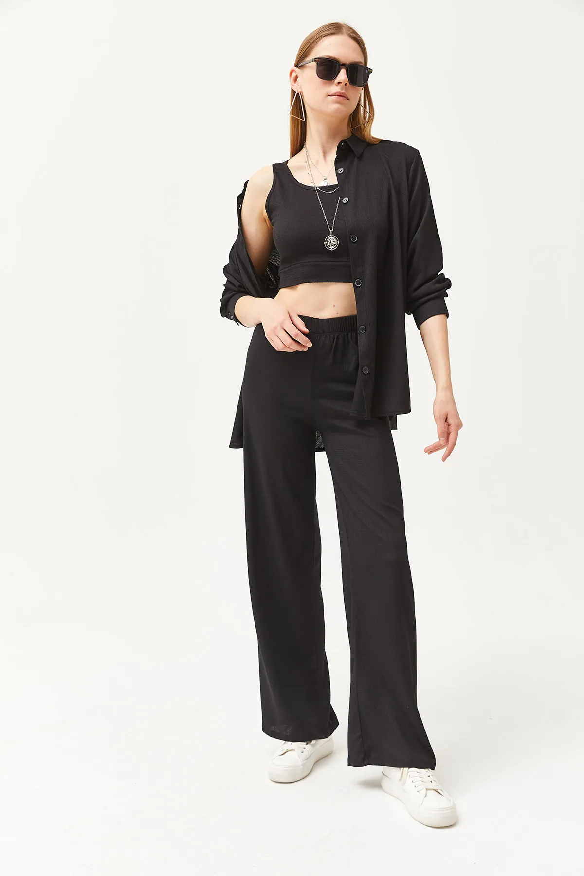 Olalook  Damen Schwarzes Hemd Bluse Hose 3-teiliges Set TKM-19000270