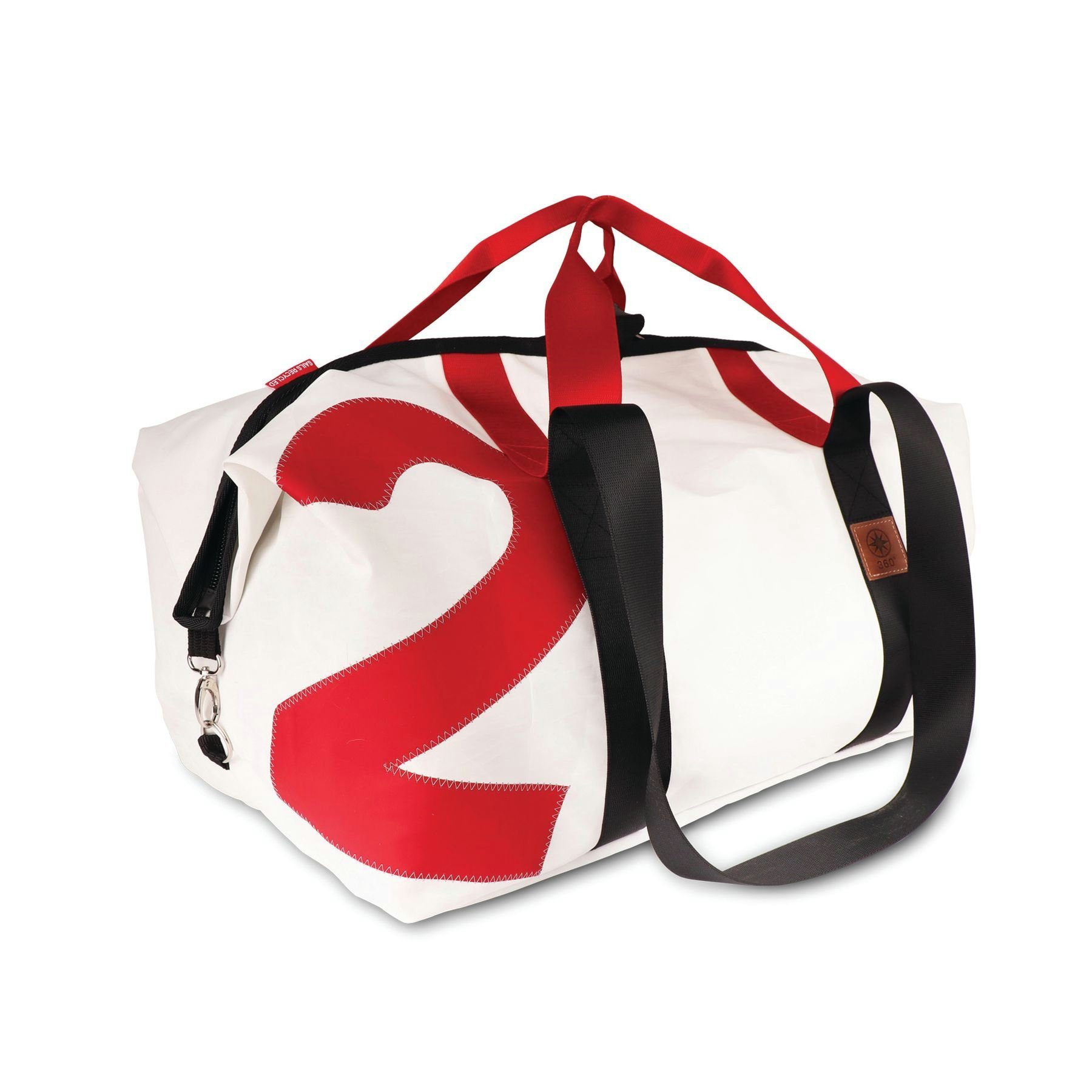 360Grad Reisetasche Kutter XL Reisetasche weiß mit Zahl rot, Gurt rot/schwarz