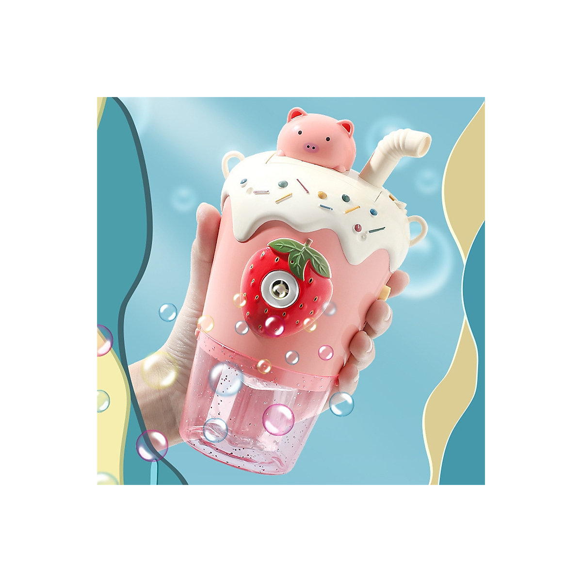 Milchteetasse Kinderblasenmaschine Kinderspielzeug im Freien Beleuchtung, Musik, automatische Seifenblasenpistole, Outdoor-Spielzeug für Kinder