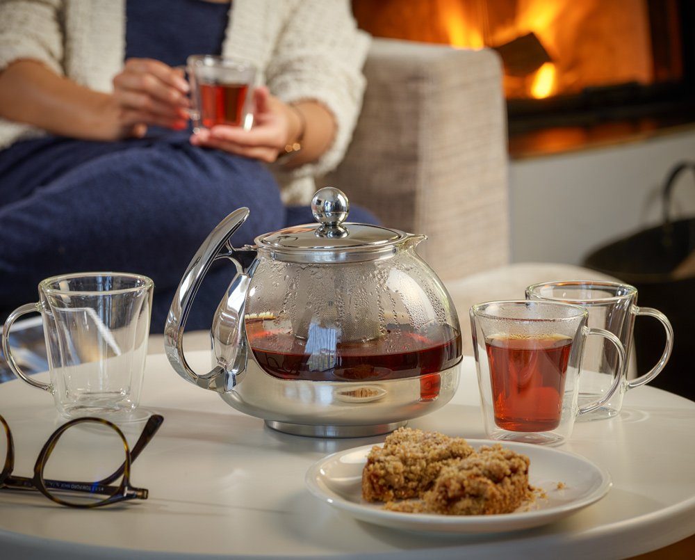 Deuba Teekanne, Glas Mit Siebeinsatz 1200ml Herausnehmbaren Edelstahl Filter Sieb Teesieb Hitzebeständig Glaskanne Deckel