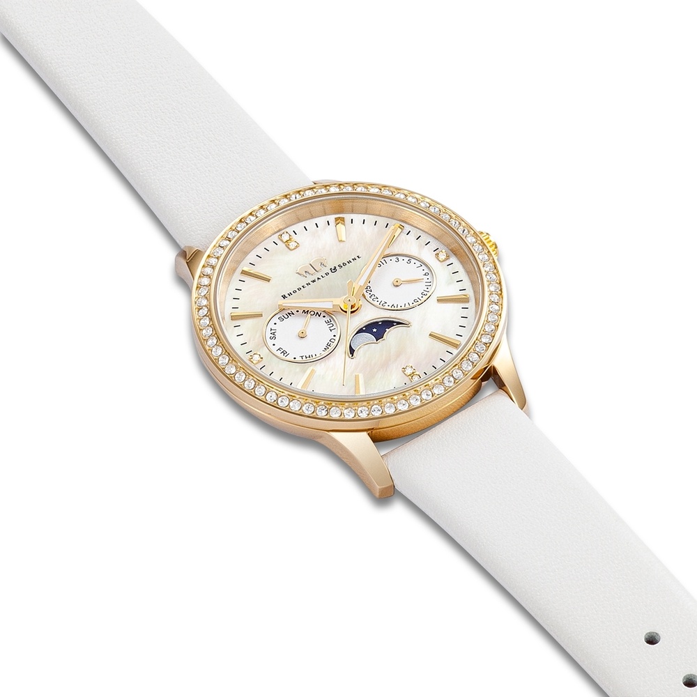 Rhodenwald & Söhne Multifonctions Amidala Or jaune Cuir véritable en Blanc Montre