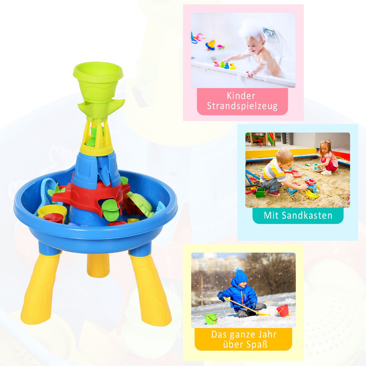 HOMCOM Kinder Spieltisch, Sandkastentisch mit 21-tlg. Zubehör, Wasserpark, Lernspielzeug, Baby Spielzeug ab 3 Jahren, PP, Bunt, 46 x 46 x 72 cm
