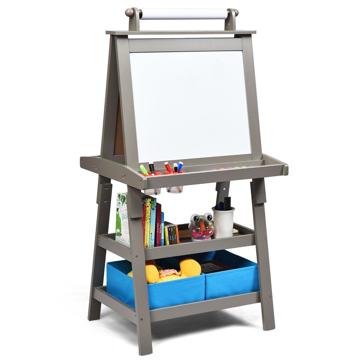COSTWAY Standtafel Kinder Staffelei, doppelseitig, mit Magneten & 2 Boxen