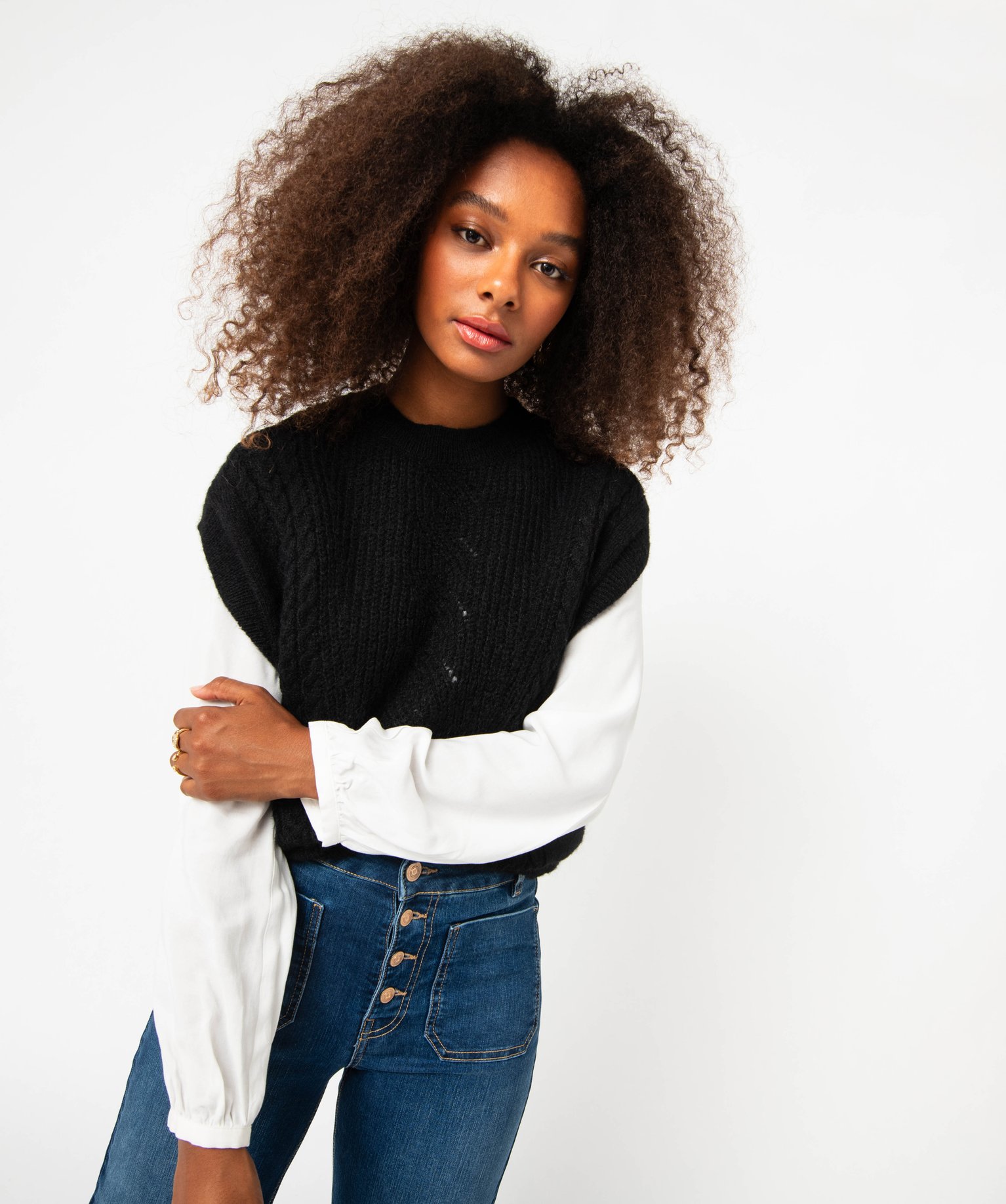 Pull sans manches en maille torsadée femme noir | GEMO