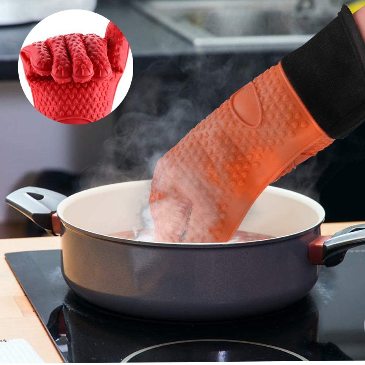 JedBesetzt Topfhandschuhe Hitzebeständige Kochhandschuhe Silikon-Grillhandschuhe Lange