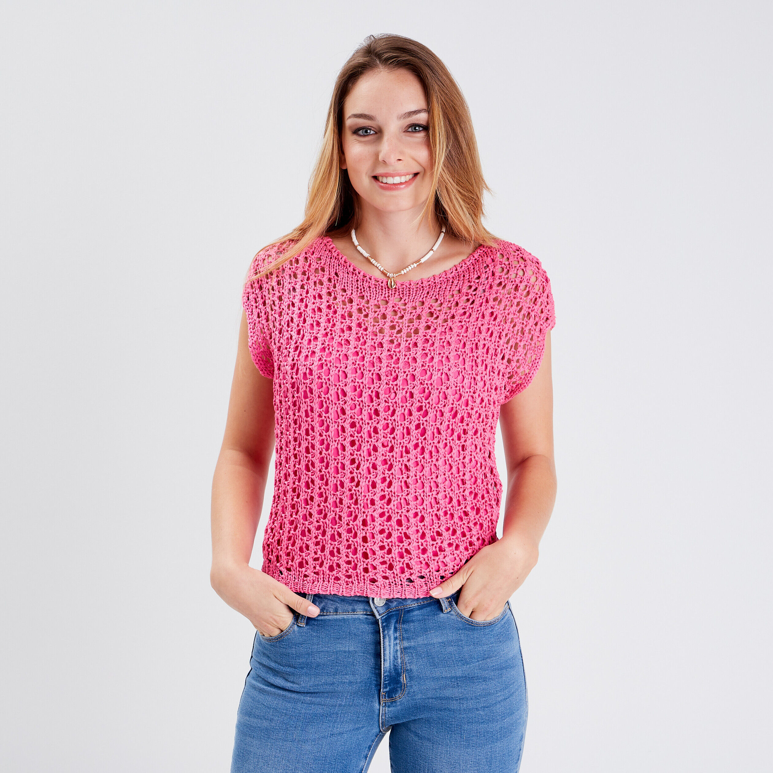 Pull manches courtes ajouré rose fluo femme | Cache Cache