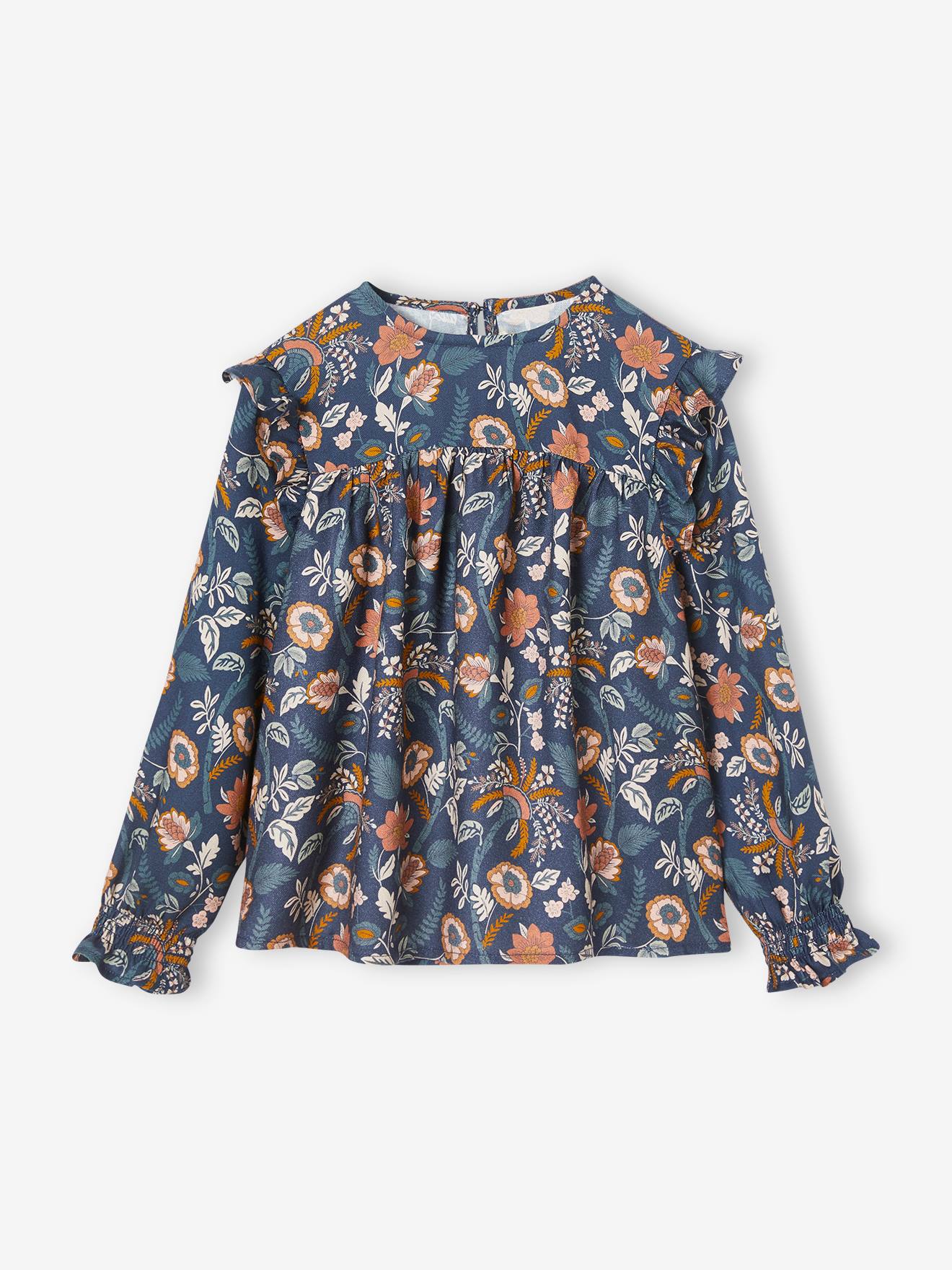 Blouse fleurie fille manches volantées bleu grisé