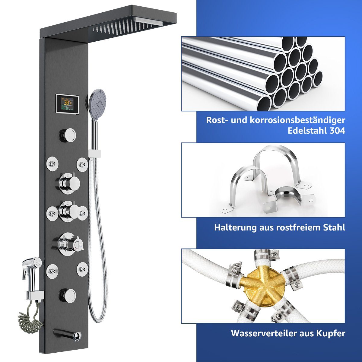 MULISOFT Brausegarnitur 6 in 1 Duschsäule Massagedusche, Regendusche,Handbrause Wanneneinlauf, 6 Strahlart(en), Duschpaneel Edelstahl mit Thermostat für Badezimmer Dusche
