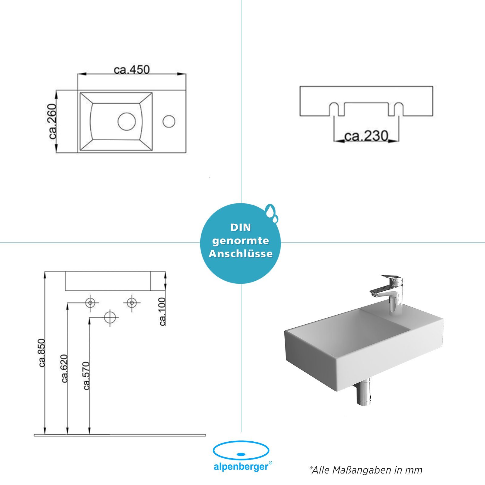 Alpenberger Waschbecken für Gäste WC & Bad - Keramik Miniwaschbecken Washbasin (1-tlg, Spülbecken), Hängewaschbecken Eckig, Weiß, 45 cm Breit
