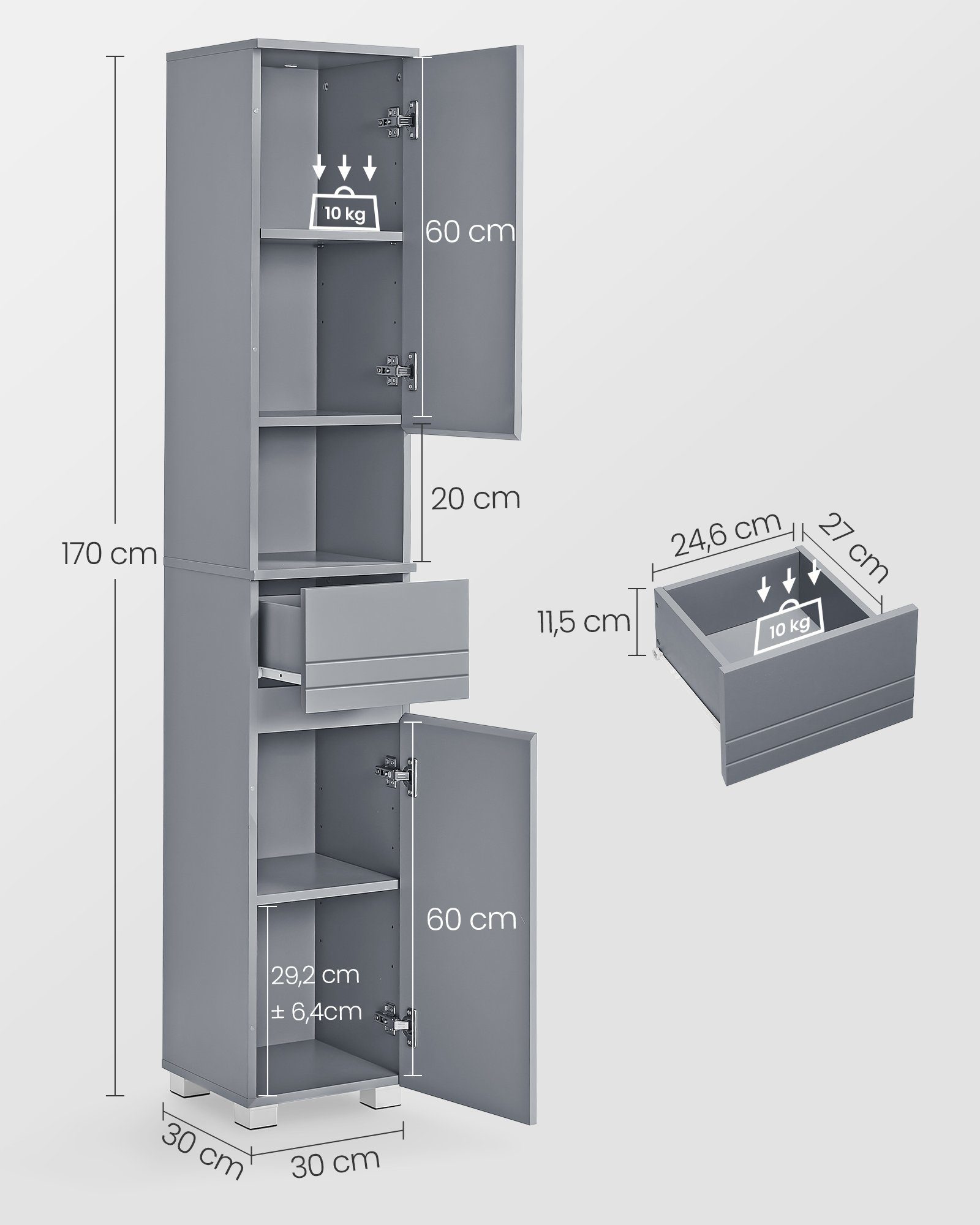 VASAGLE Badkommode Badezimmerschrank, mit einer Schublade, verstellbare Ablagen