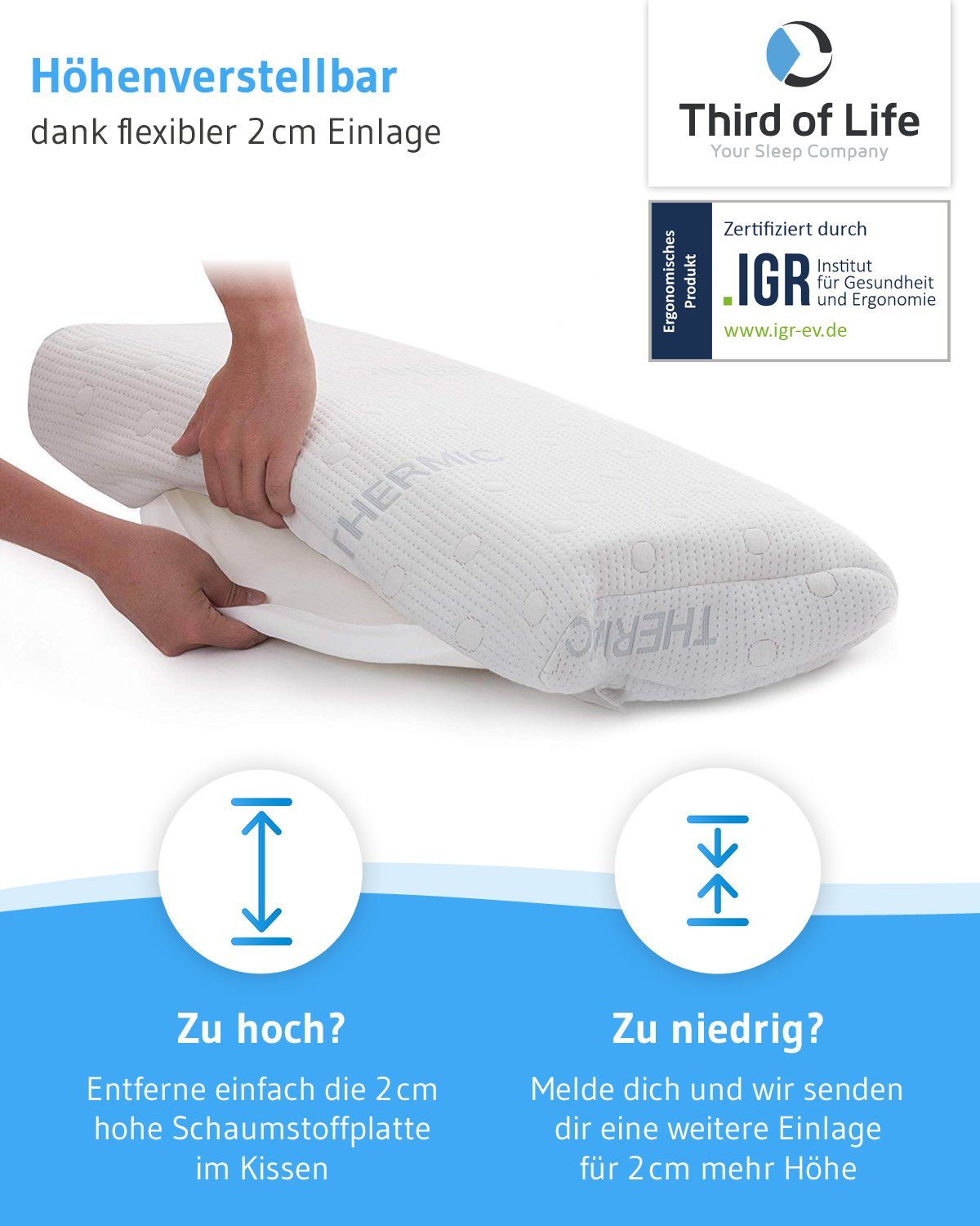 Nackenstützkissen HADAR Nackenstützkissen, Third of Life, Bezug: Thermic, Seitenschläfer,Rückenschläfer, Höhenverstellbar, Visco-Schaumkissen für Seitenschläfer/Rückenschläfer