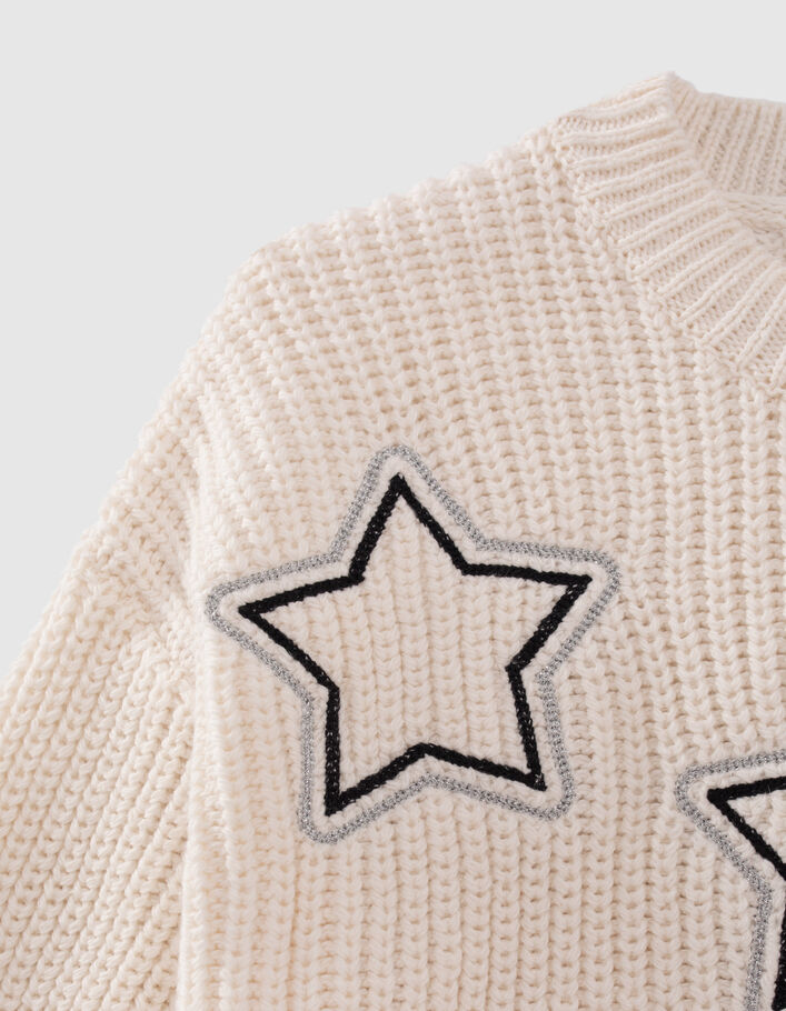 Pull blanc cassé tricot broderies étoiles fille
