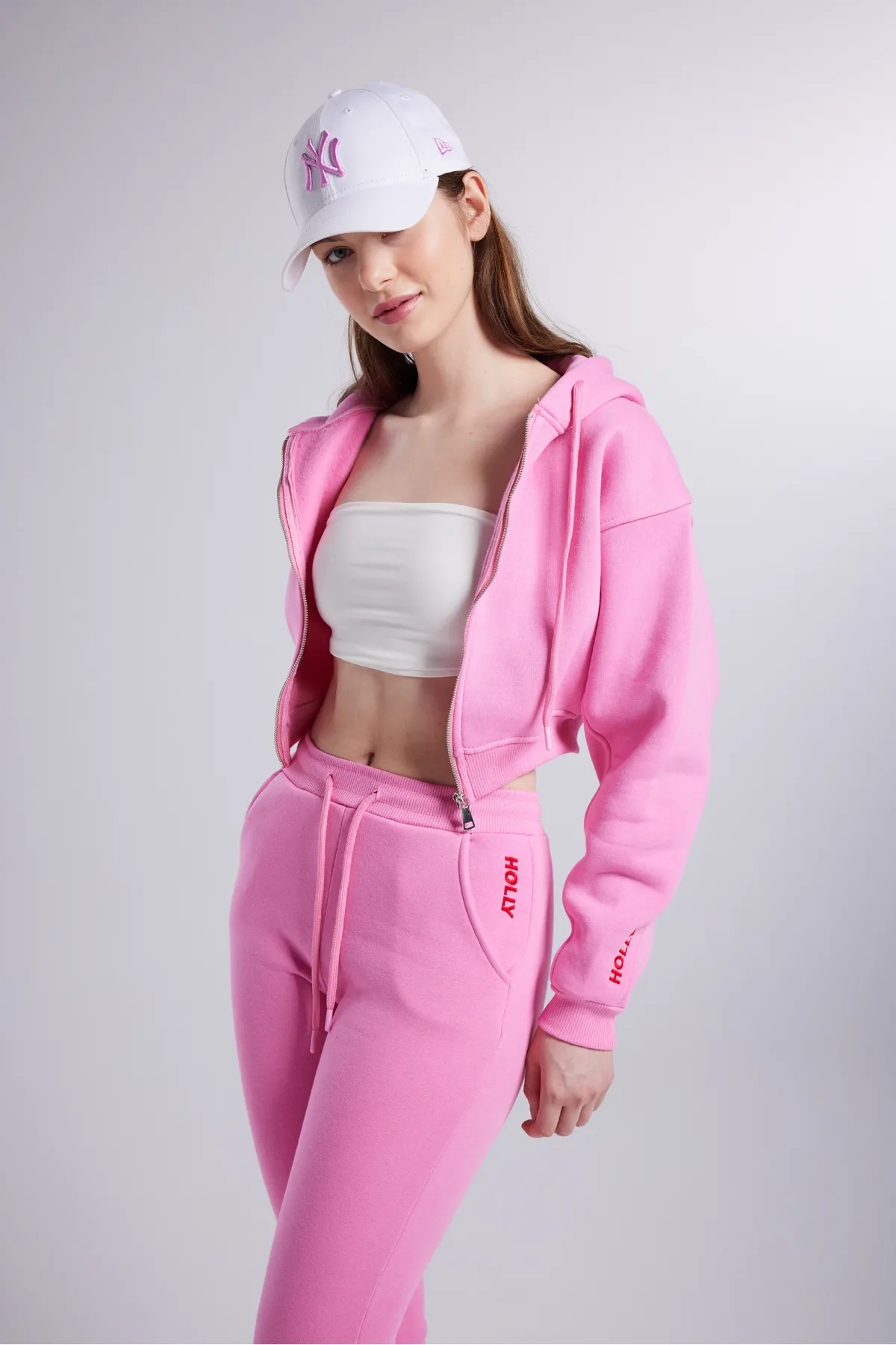 HOLLY LOLLY  Damen-Jogginghose mit hohem Bund, gerade geschnitten, in Roségold gemischt, in Rosa