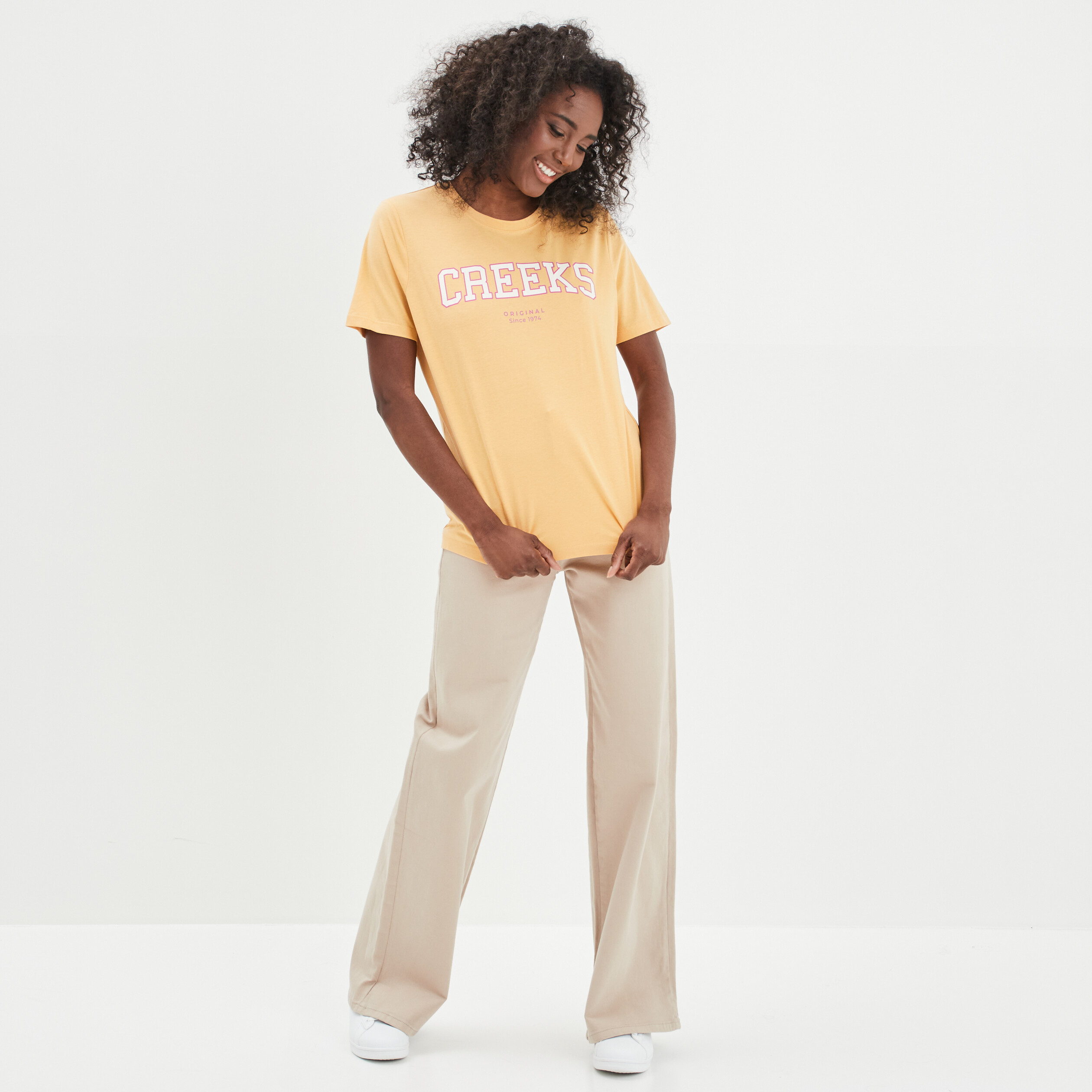 T-shirt oversize col rond coton Creeks jaune femme | La Halle