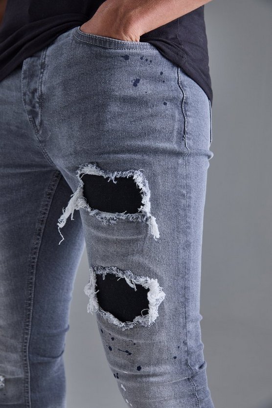 Super Skinny Stretch Jeans in Mittelgrau mit Rissen