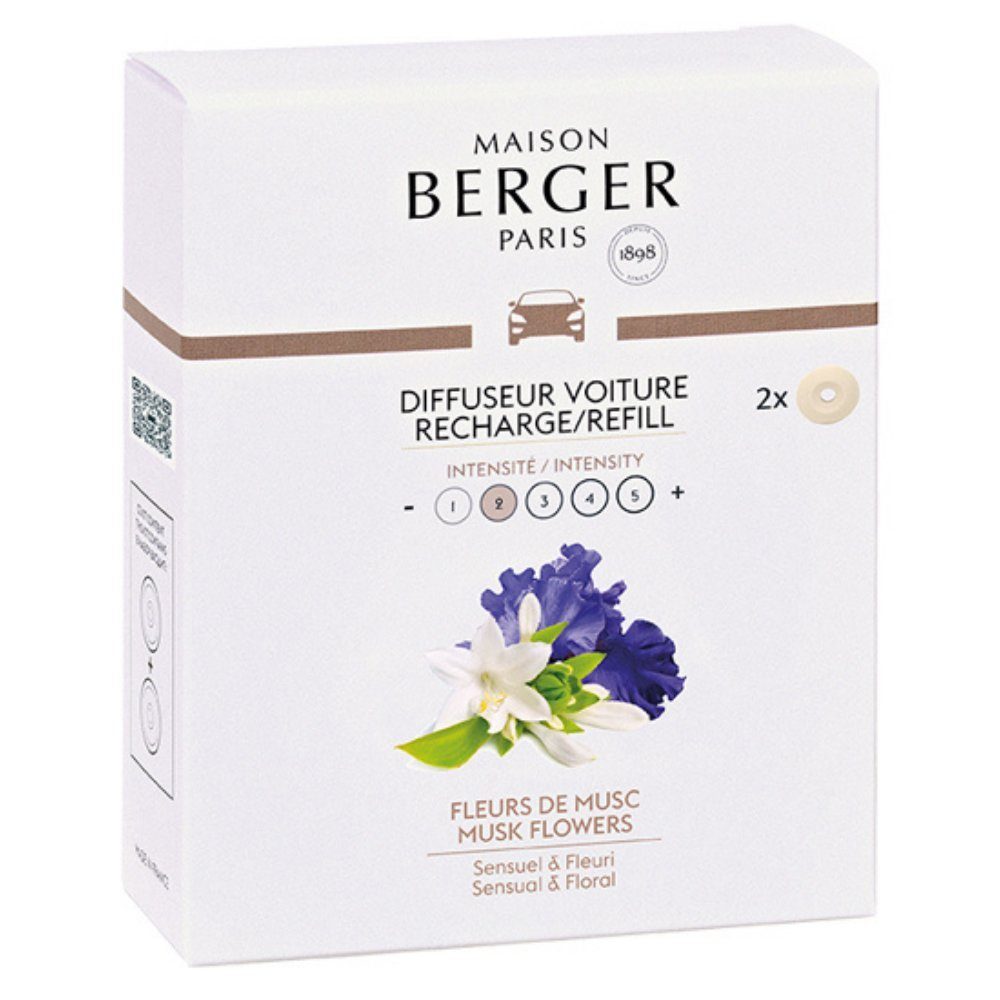 MAISON BERGER PARIS Diffuser Autoduft Refill Set - 2 Stück Zarte Moschusblüte - Keramik zum Nachfüllen für Maison Berger Paris Autoduft Diffuser, 2er Pack Keramik-Nachfüllungen für den Auto-Diffusor von Maison Berger