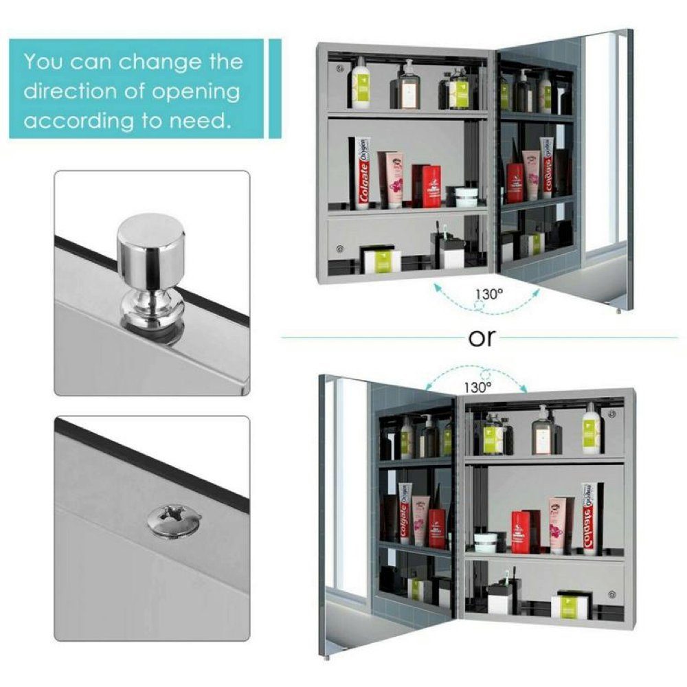 Homfa Badezimmerspiegelschrank HST-020 45*60*13cm, 3 Fächer, vormontiert