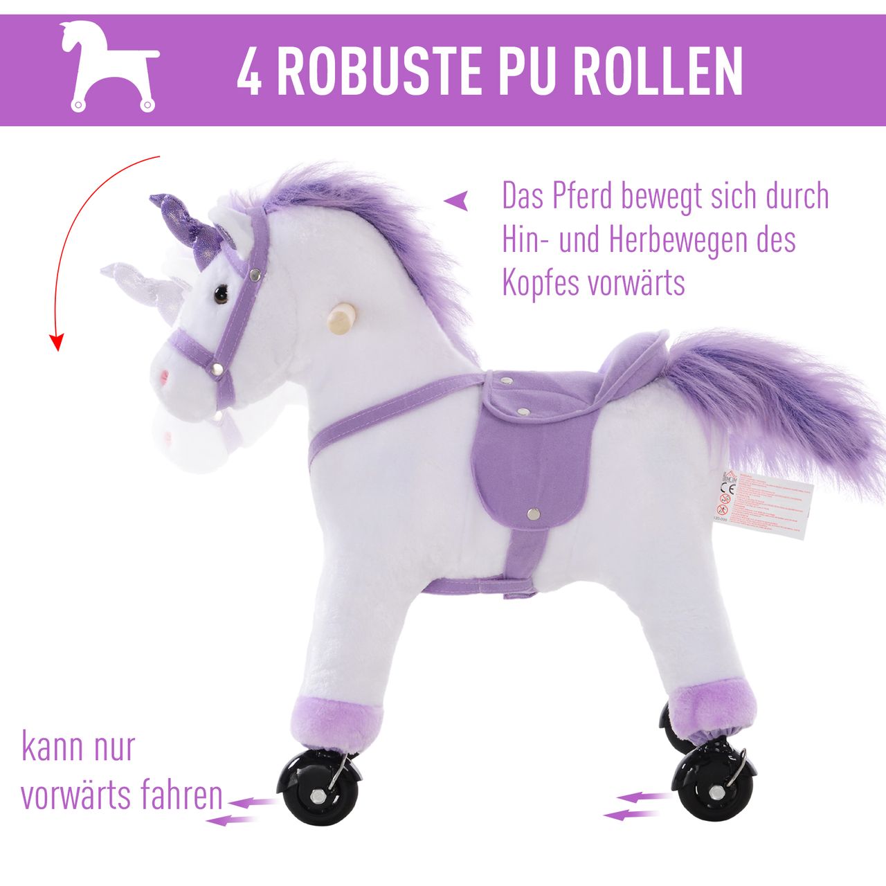 HOMCOM Reitpferd auf Rollen Spielpferd Reittier Fortbewegung Wiehern Plüsch Lila 55 x 23 x 60 cm