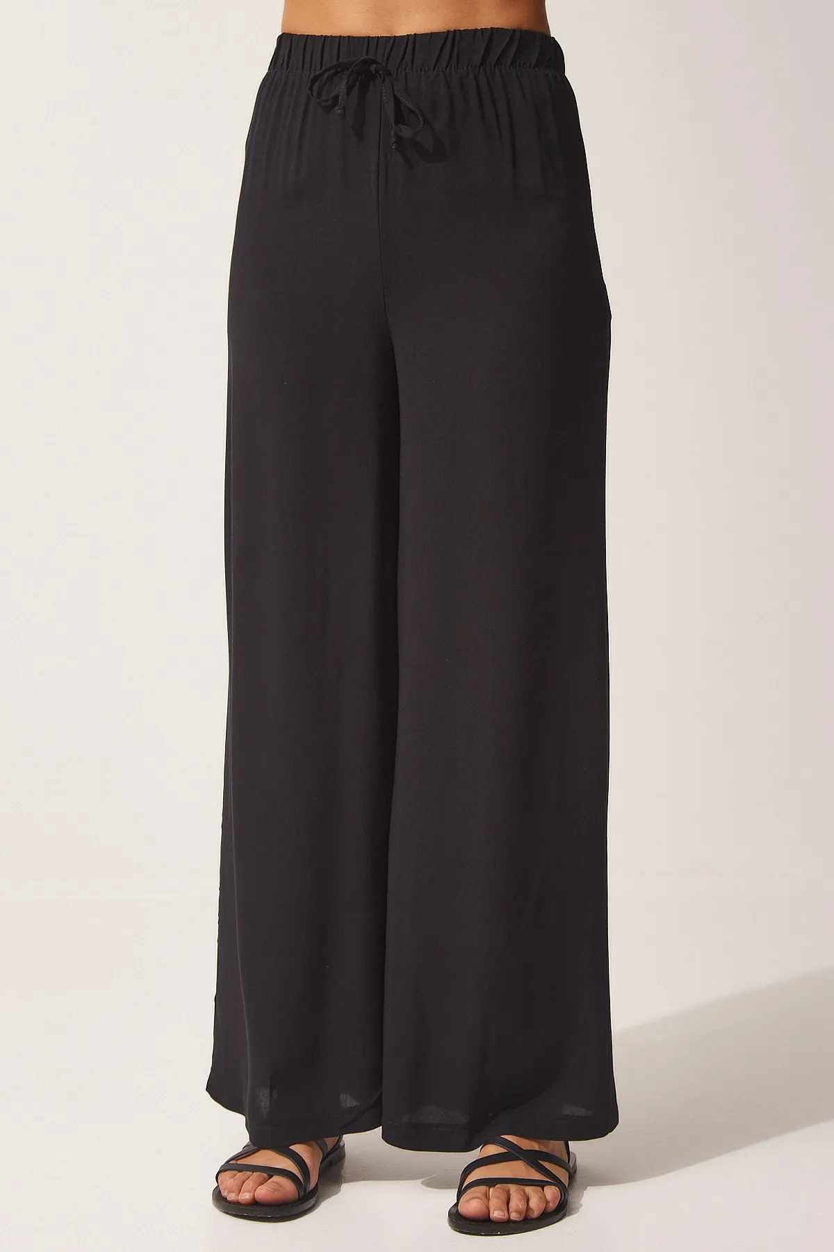 Happiness İstanbul  Schwarze Palazzo-Hose aus Baumwollviskose für Damen BV00076