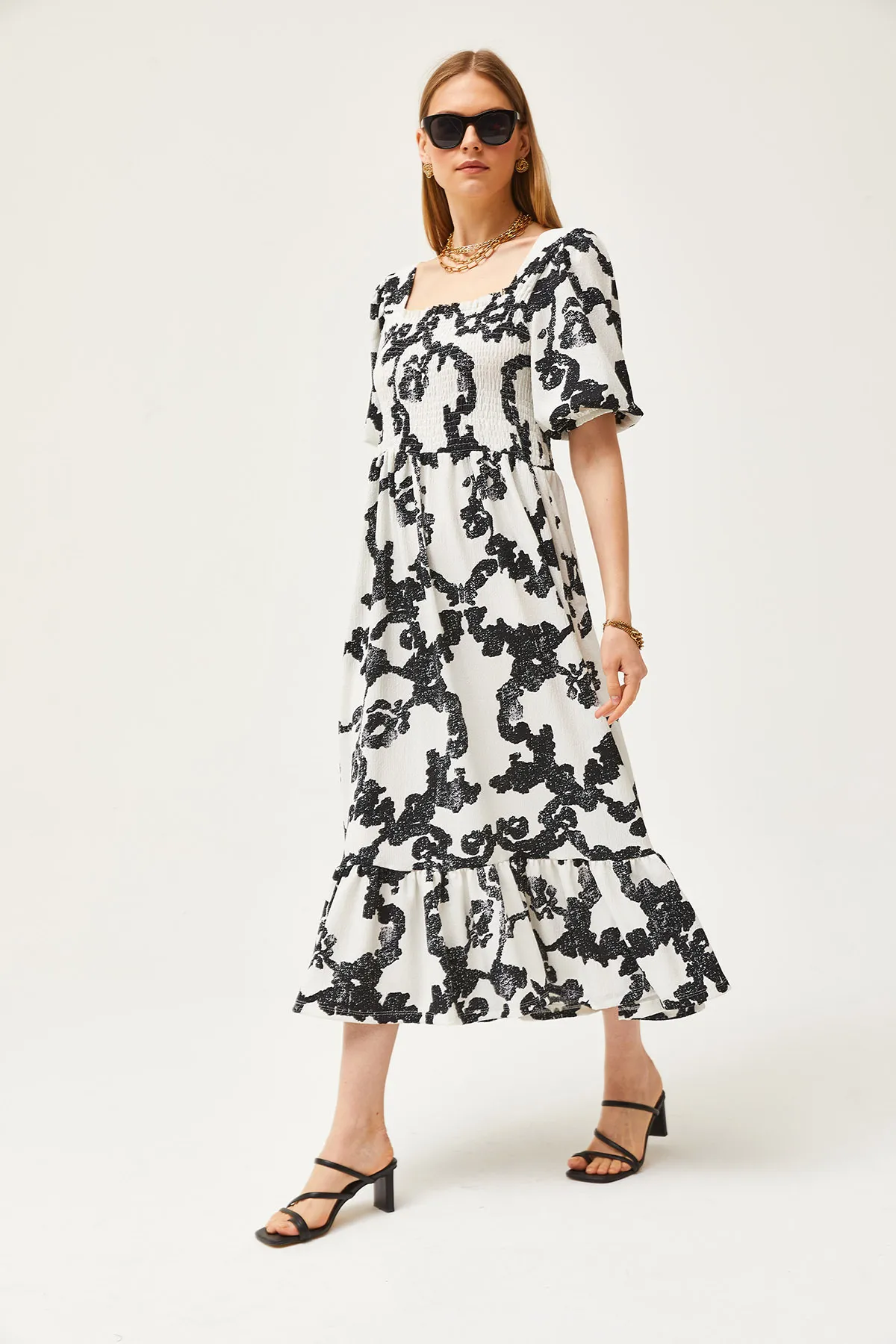Olalook  Ecru-schwarzes Robe Gimped Midi-Strickkleid für Damen ELB-19002108