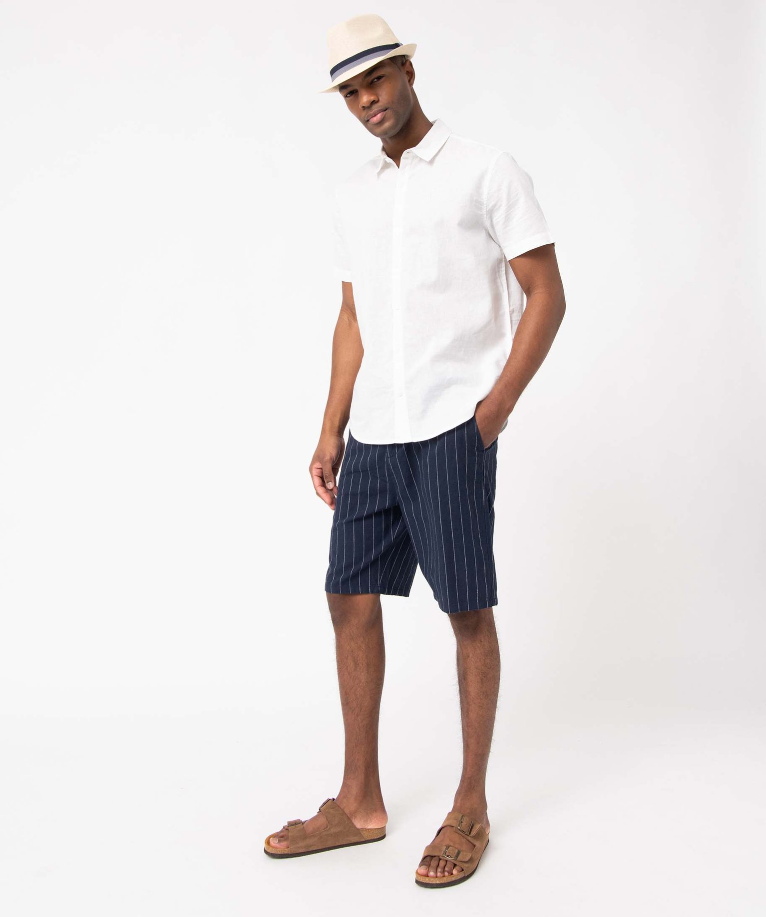 Bermuda homme coupe chino en lin mélangé raye | GEMO