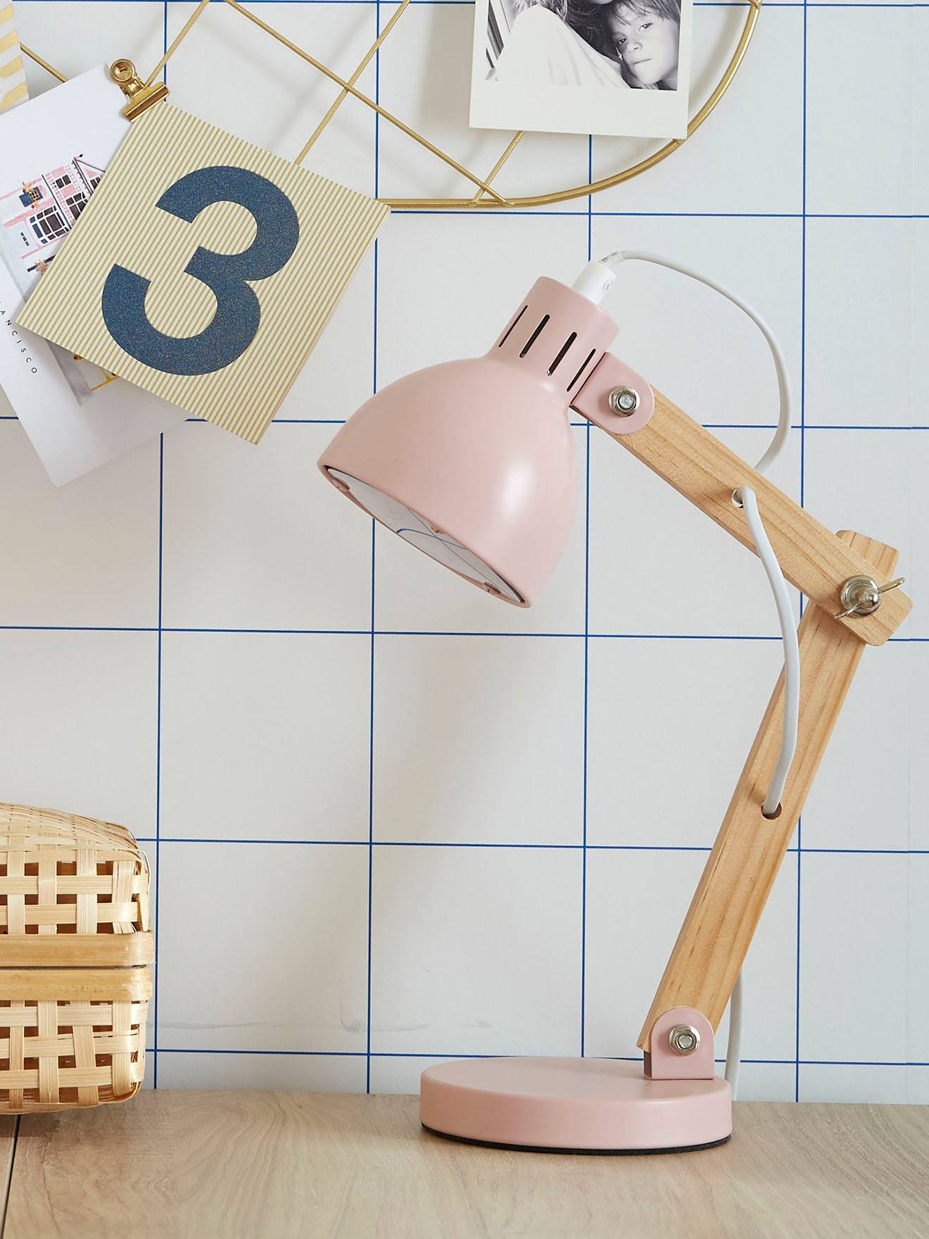 Lampe de bureau bois et métal rose