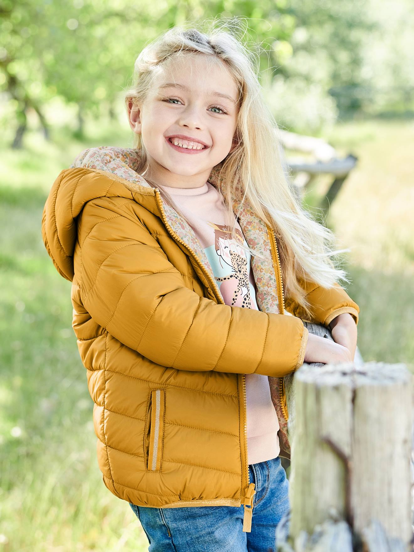 Doudoune à capuche légère réversible fille anthracite imprimé