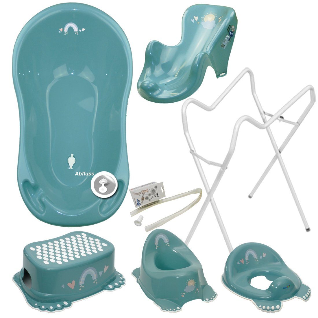 Tega-Baby Babybadewanne 6 Teile SET AB- METEO Türkis + Ständer Weiß -Abflussset Babybadeset, (Premium.set Made in Europe), Wanne+ Badesitz+Töpfchen+ WC Aufsatz+ Hocker+ Ablauf Set+ Ständer