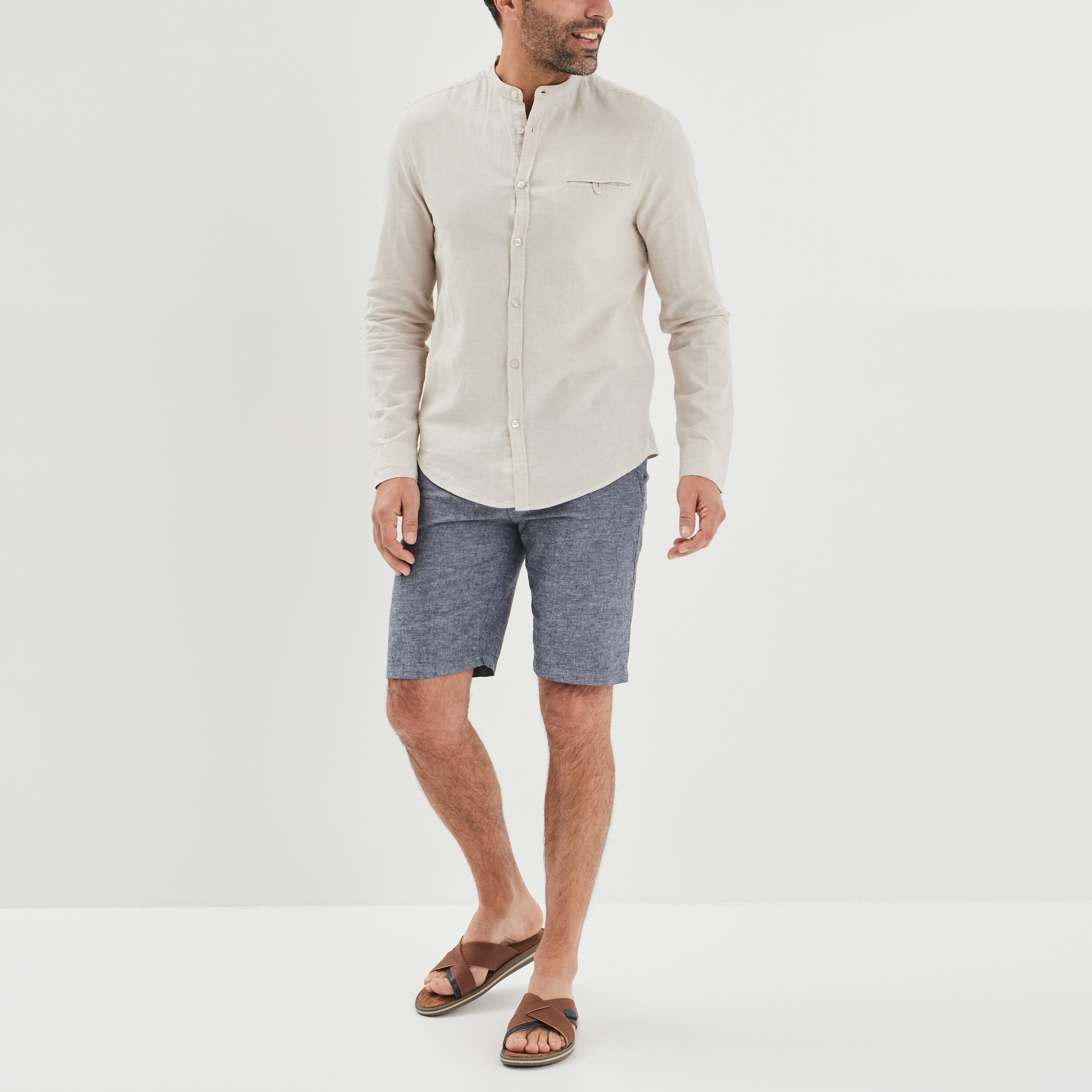 Chemise col mao lin majoritaire gris clair homme | La Halle