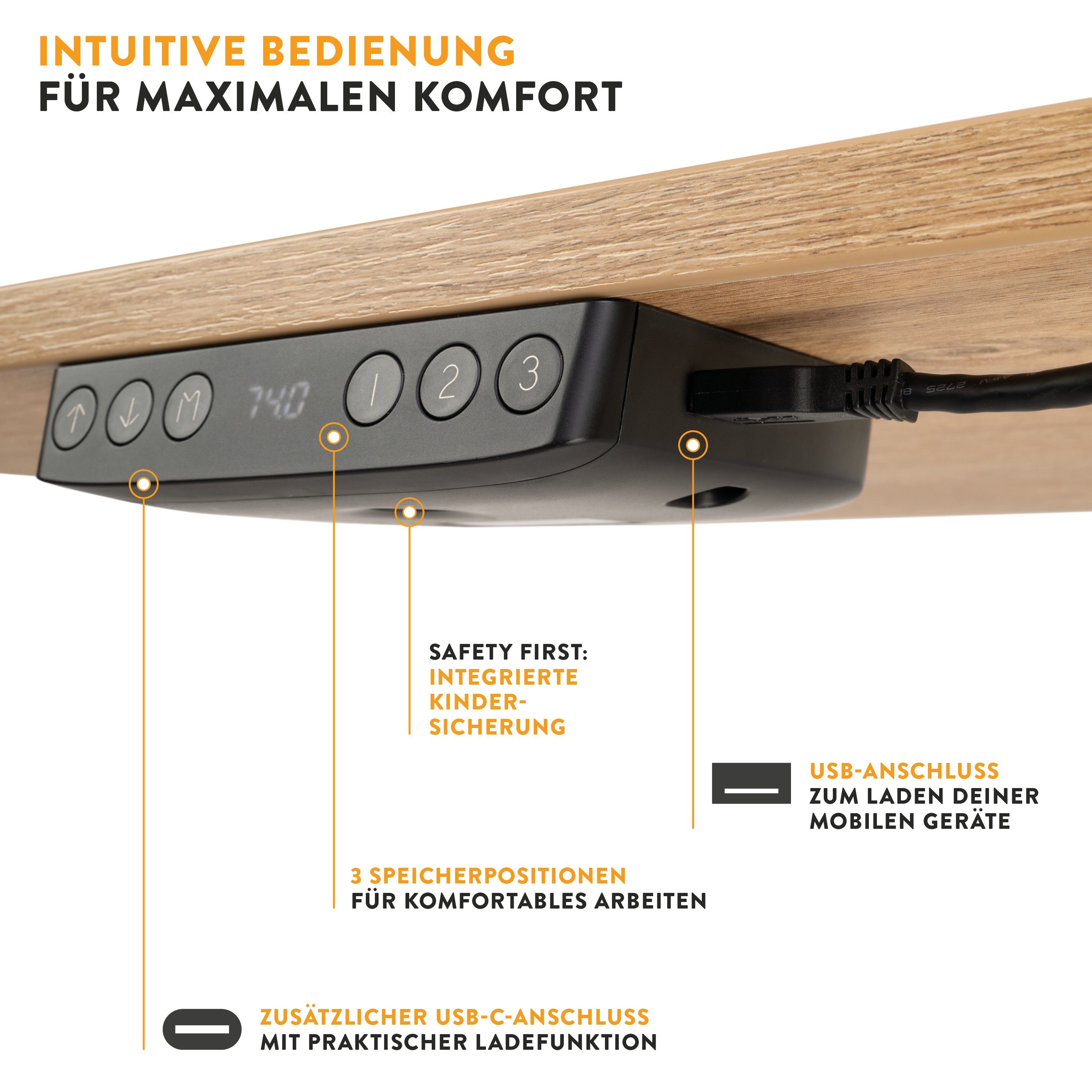 boho office® Schreibtisch Homedesk Eco (Tischgestell Weiß, Tischplatte Wildeiche 110 x 60 cm), Stehschreibtisch elektrisch höhenverstellbar, 3 Speicherplätzen