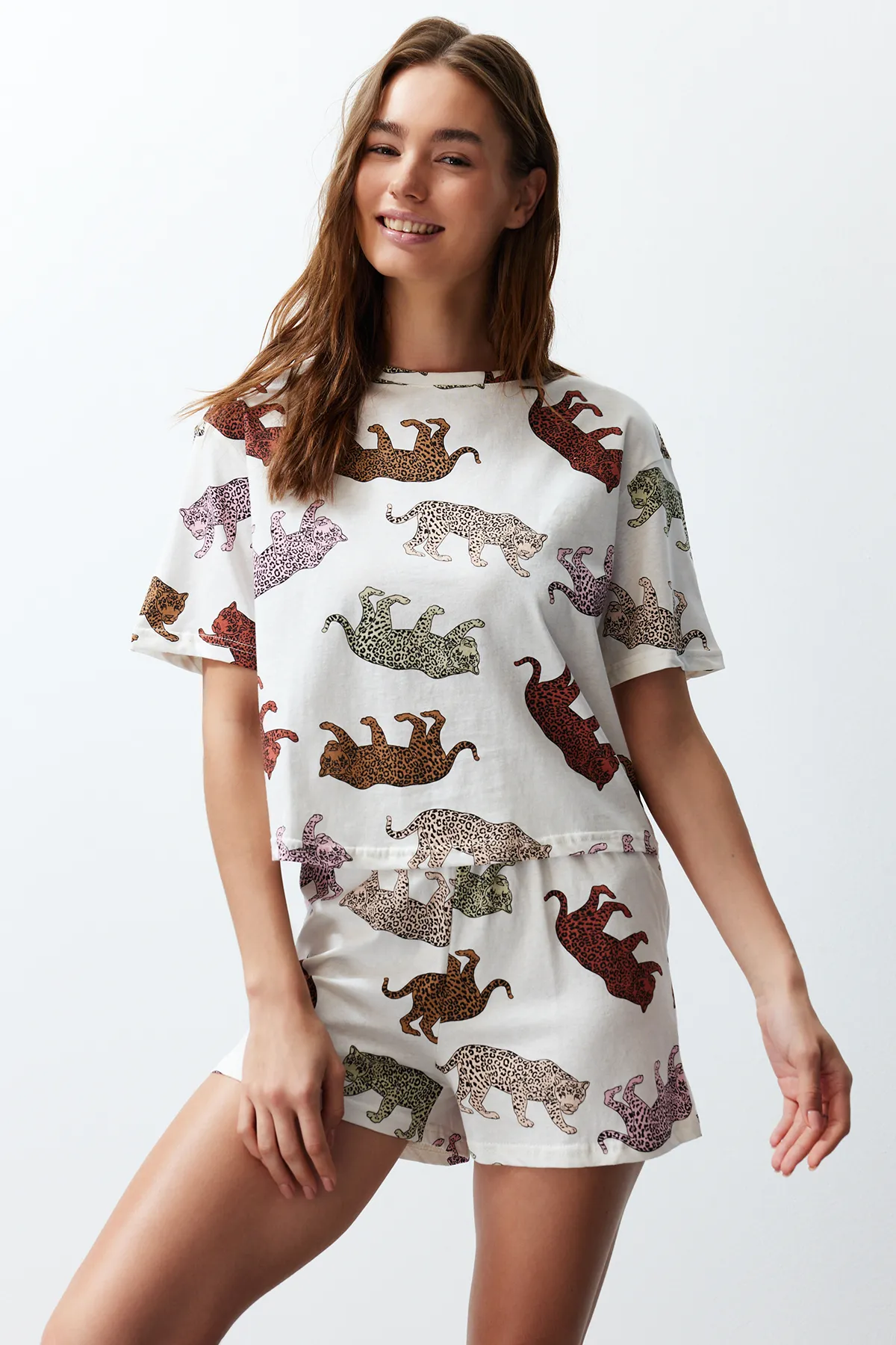 Trendyol Collection  Damen-Pyjama-Set aus 100 % Baumwolle mit Tiermuster, ecrufarben THMSS24PT00078