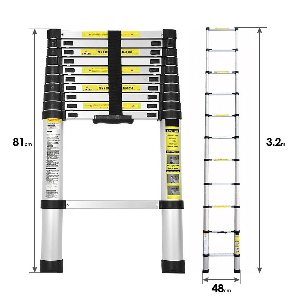 Gimisgu Teleskopleiter Teleskopleiter Alu 3.2m Ausziehleiter Silber Anlegeleiter