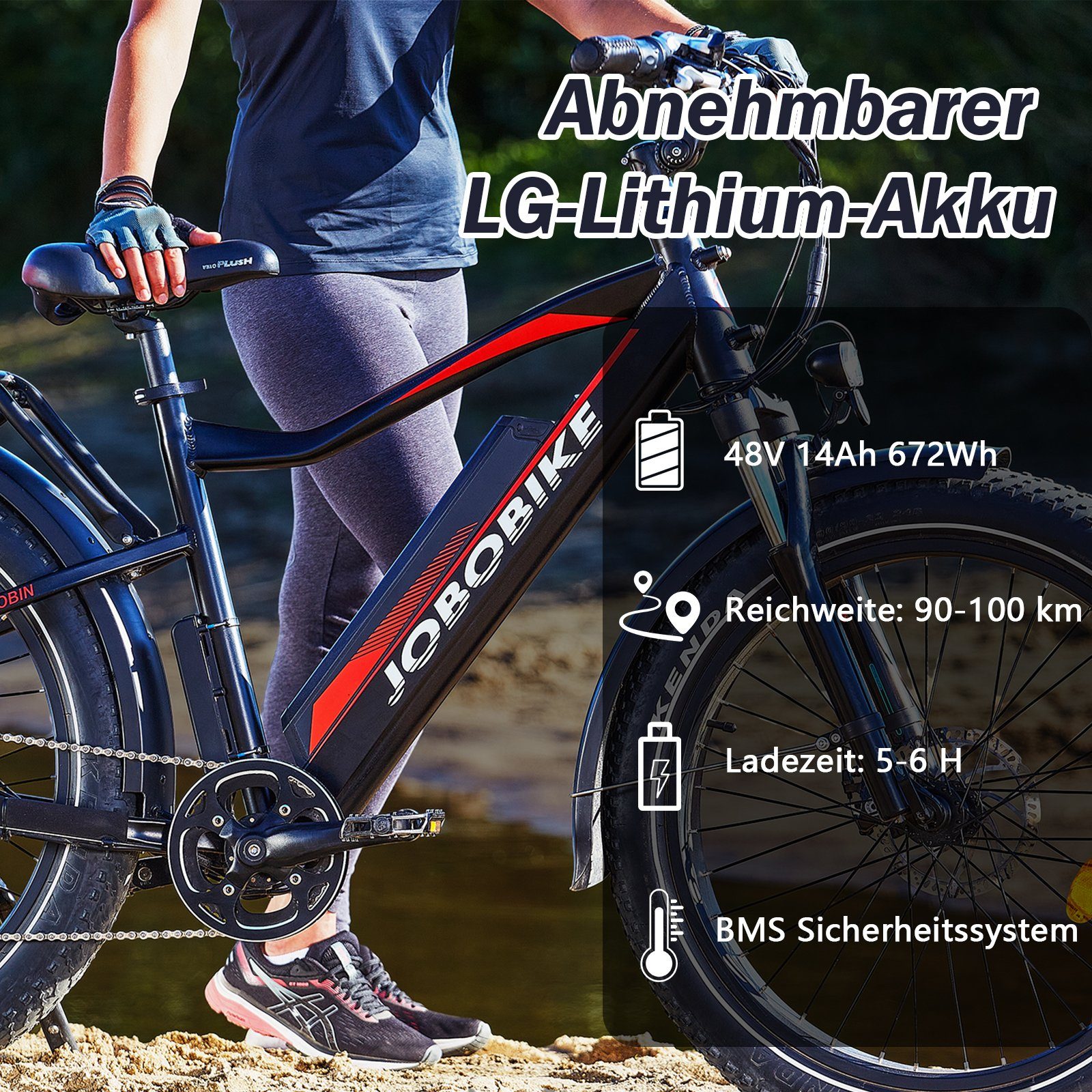 JOBOBIKE E-Bike All-Terrain-Rad mit dicken Reifen, 26 Zoll Ebike mit 48V 14Ah LG-Akku, 7 Gang Shimano Acera Schaltwerk, Kettenschaltung, Heckmotor, 672,00 Wh Akku, Elektrofahrrad für Damen Herren 160 - 200 cm