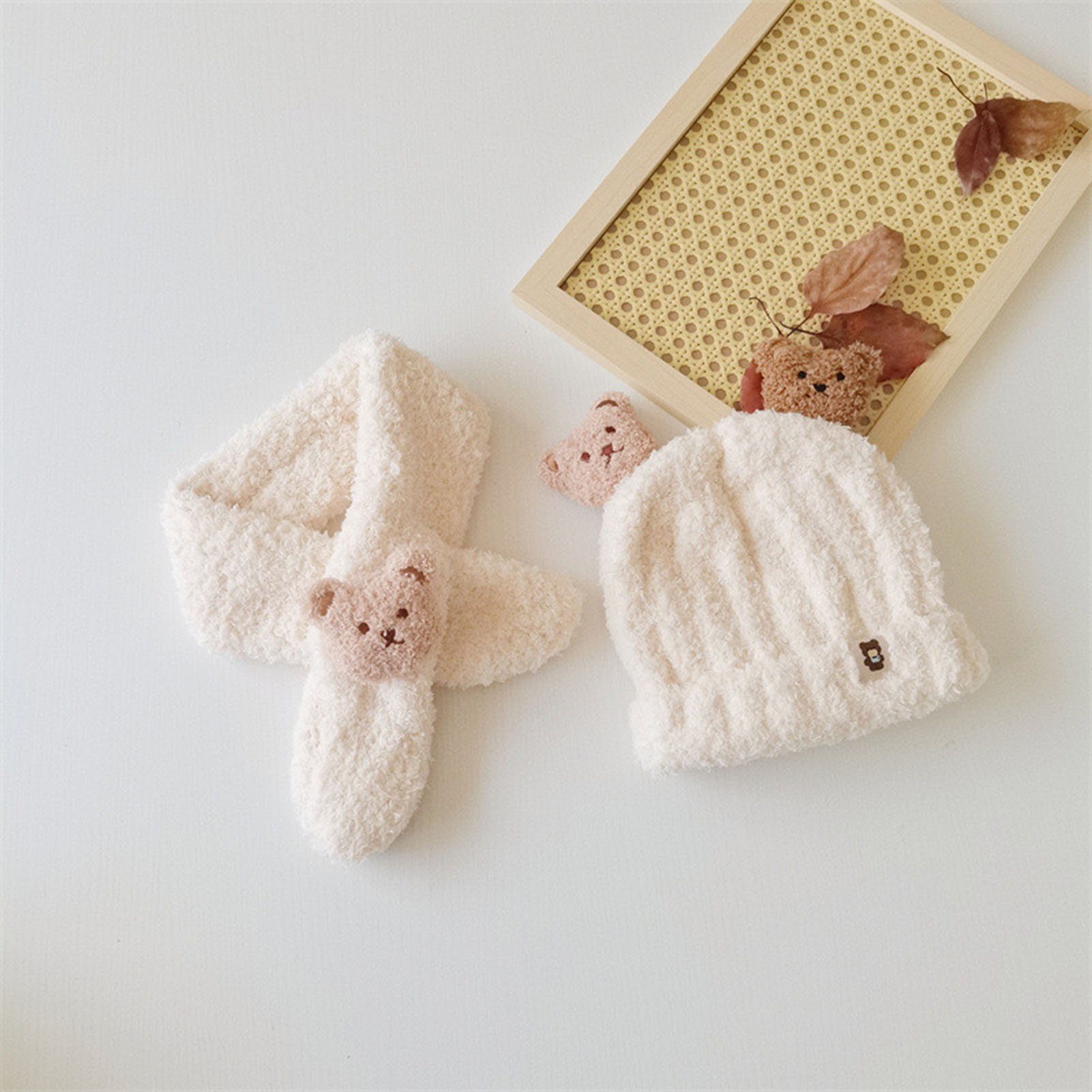Rutaqian Mütze & Schal Kindermütze Set aus Plüschmütze und Schal (Baby-Plüsch-Ohrkappen Kopfumfang 44-50 cm, Bär dekorative verdickte weiche Winteraccessoires für Kinder) Süße Baby-Strickmütze für Herbst und Winter, warme Kinder-Wollmütze