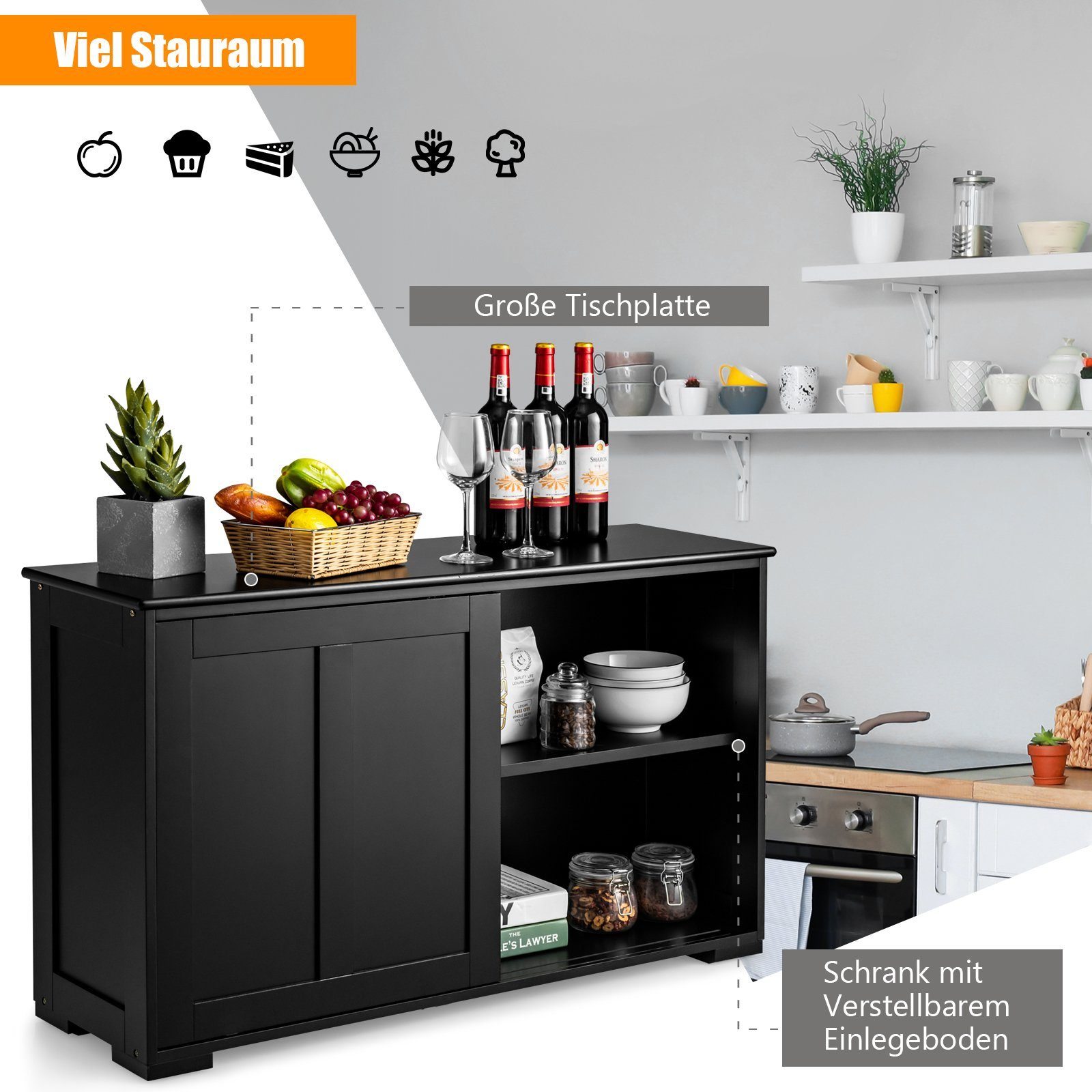 COSTWAY Sideboard, mit Schiebetüren, höhenverstellbarer Ablage, 107x33x60cm