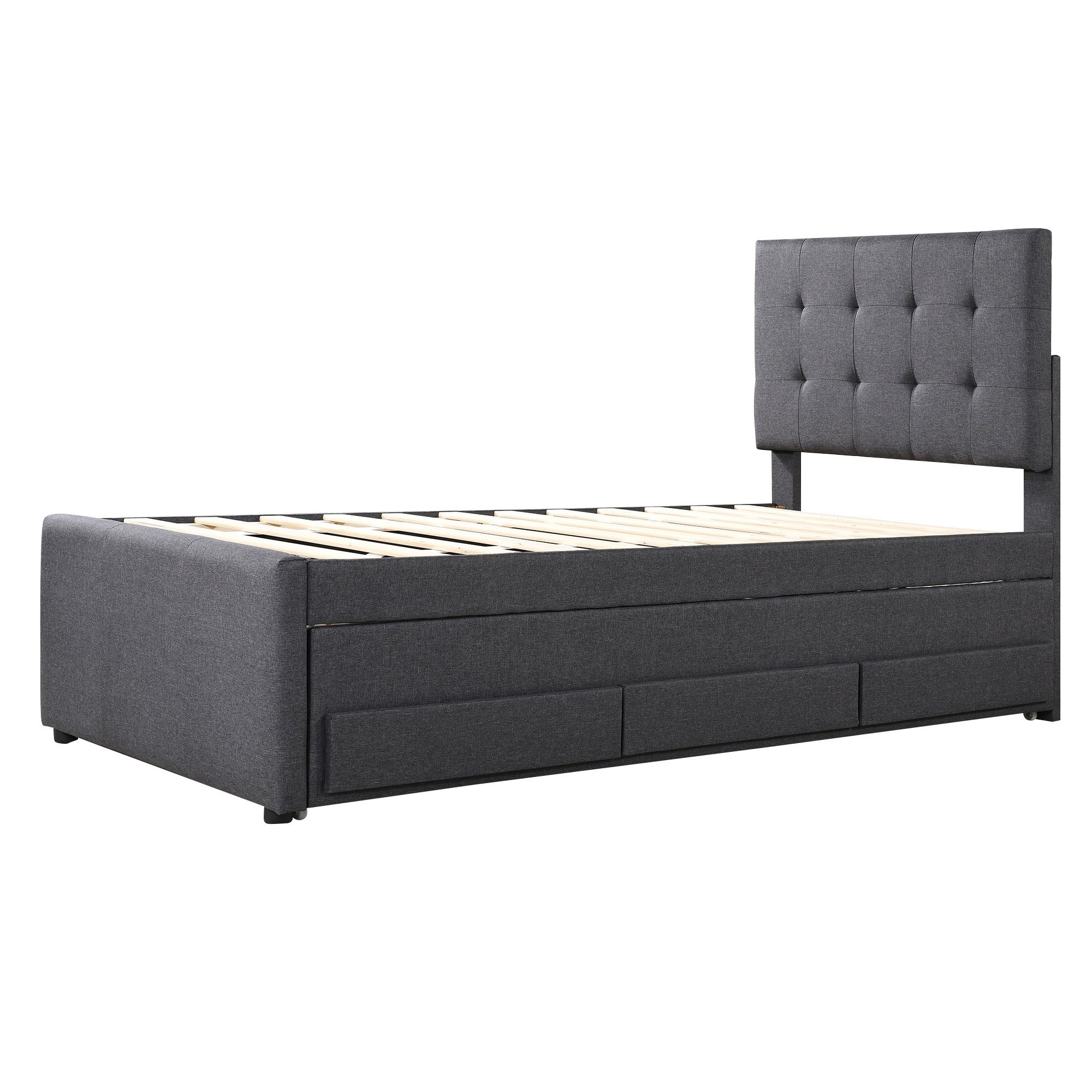 Ulife Polsterbett Doppelbett ausziehbares Bett Familienbett, Verstellbares Kopfteil, mit drei Schubladen, 90 x 200 cm