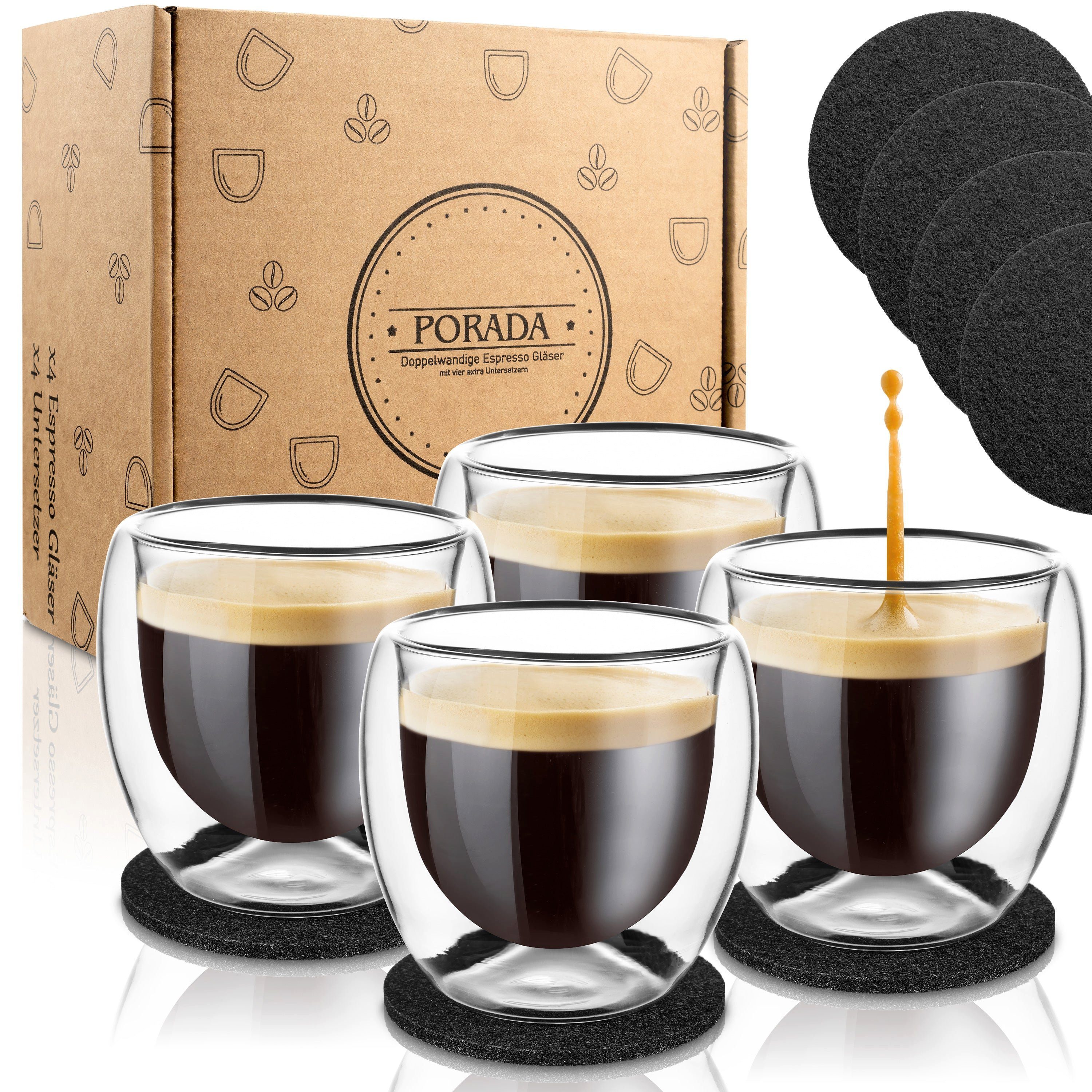 PORADA Espressoglas 4er Set doppelwandige Espresso Gläser 80ml, 4-teilig, Espresso Gläser-Set 80ml, doppelwandig, isolierend