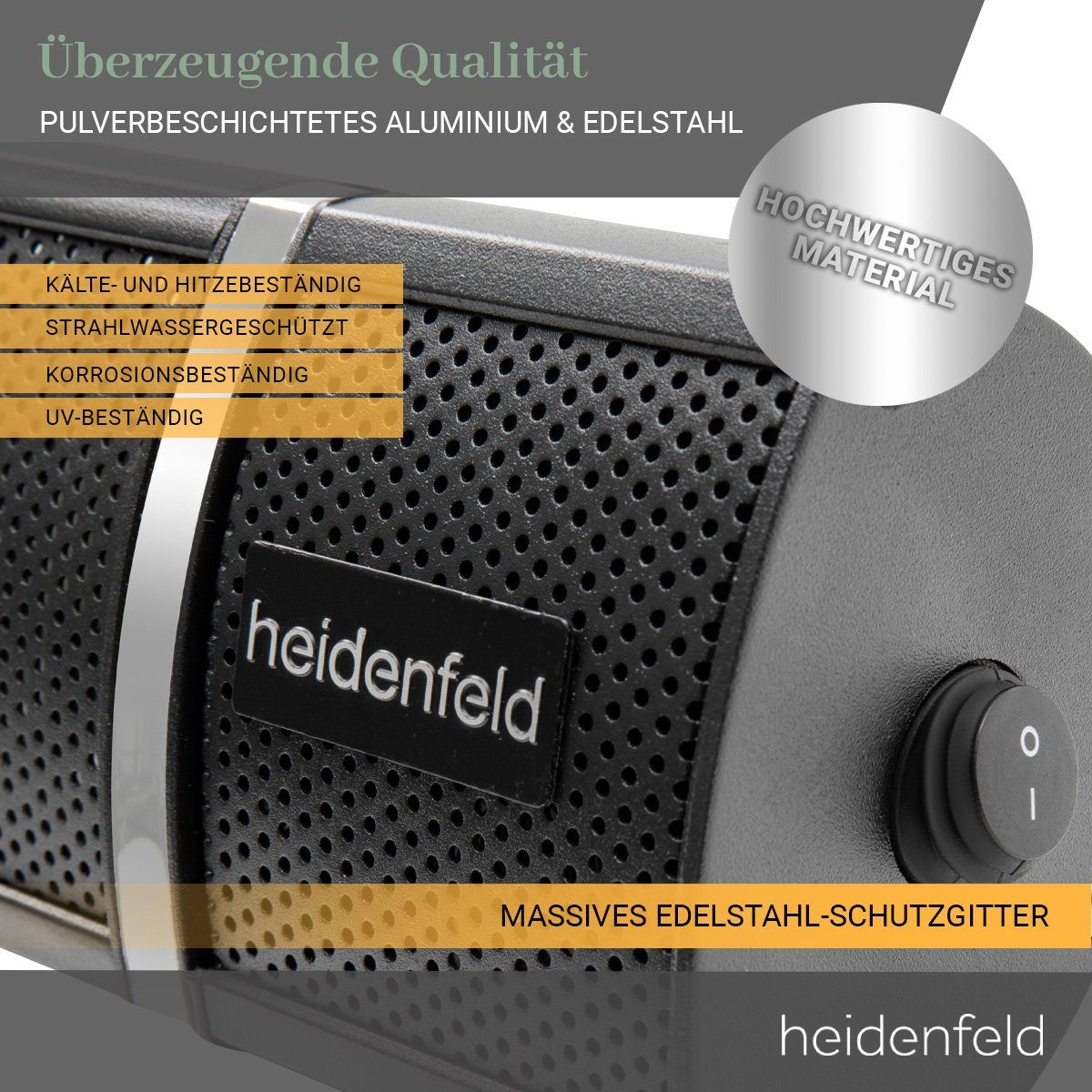 Heidenfeld Heizstrahler Elektroheizung IH110 für Terrasse, bis 3.000 Watt 3 Jahre Garantie, 3000 W, 3 Heizstufen - Fernbedienung - 180° neigbar - Infrarotheizstrahler